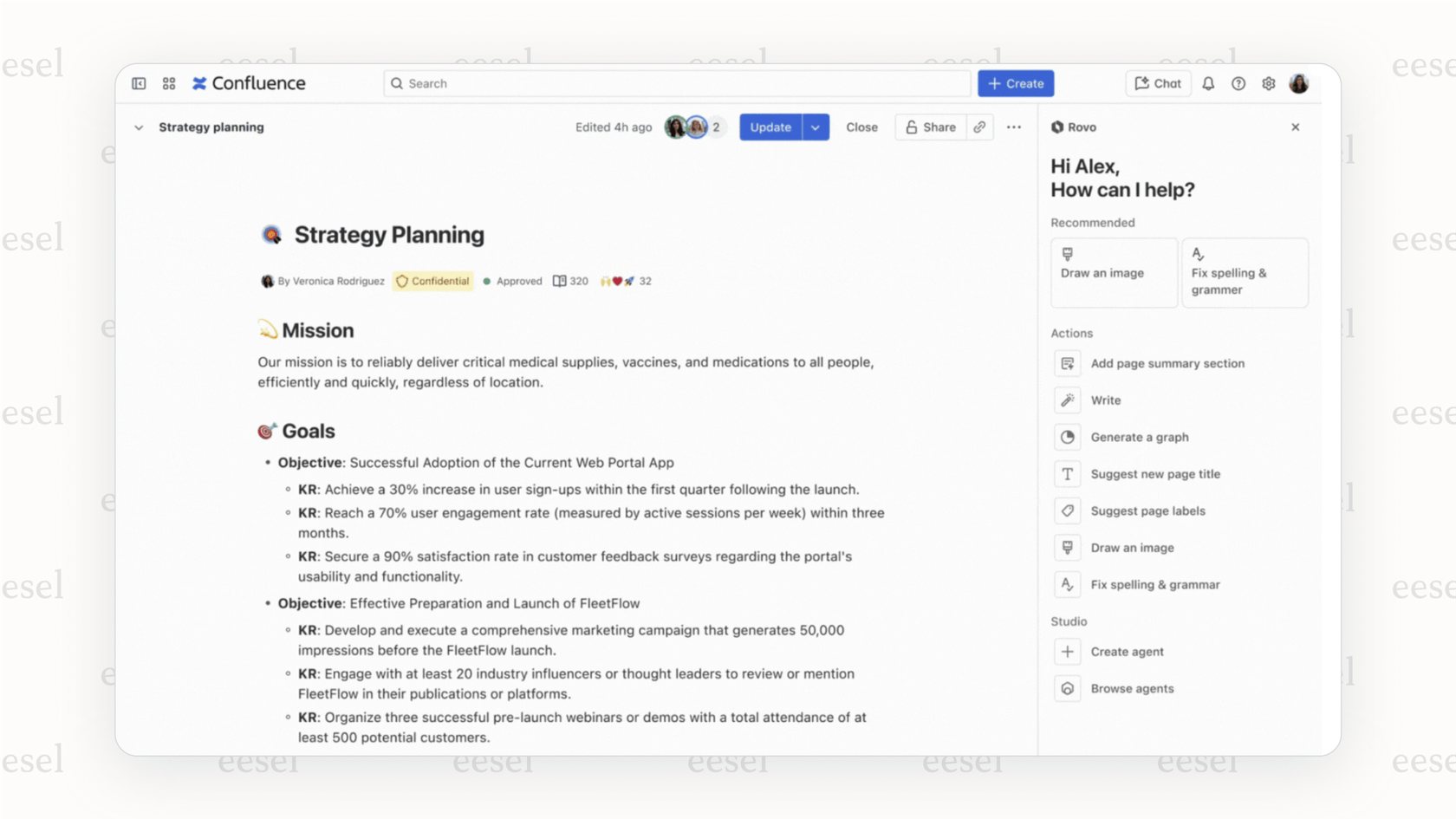 Summoning a Rovo agent in Confluence for writing help. 