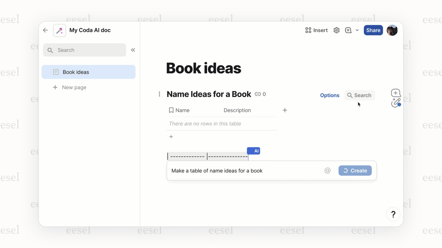 Creating a table with a Coda AI prompt.