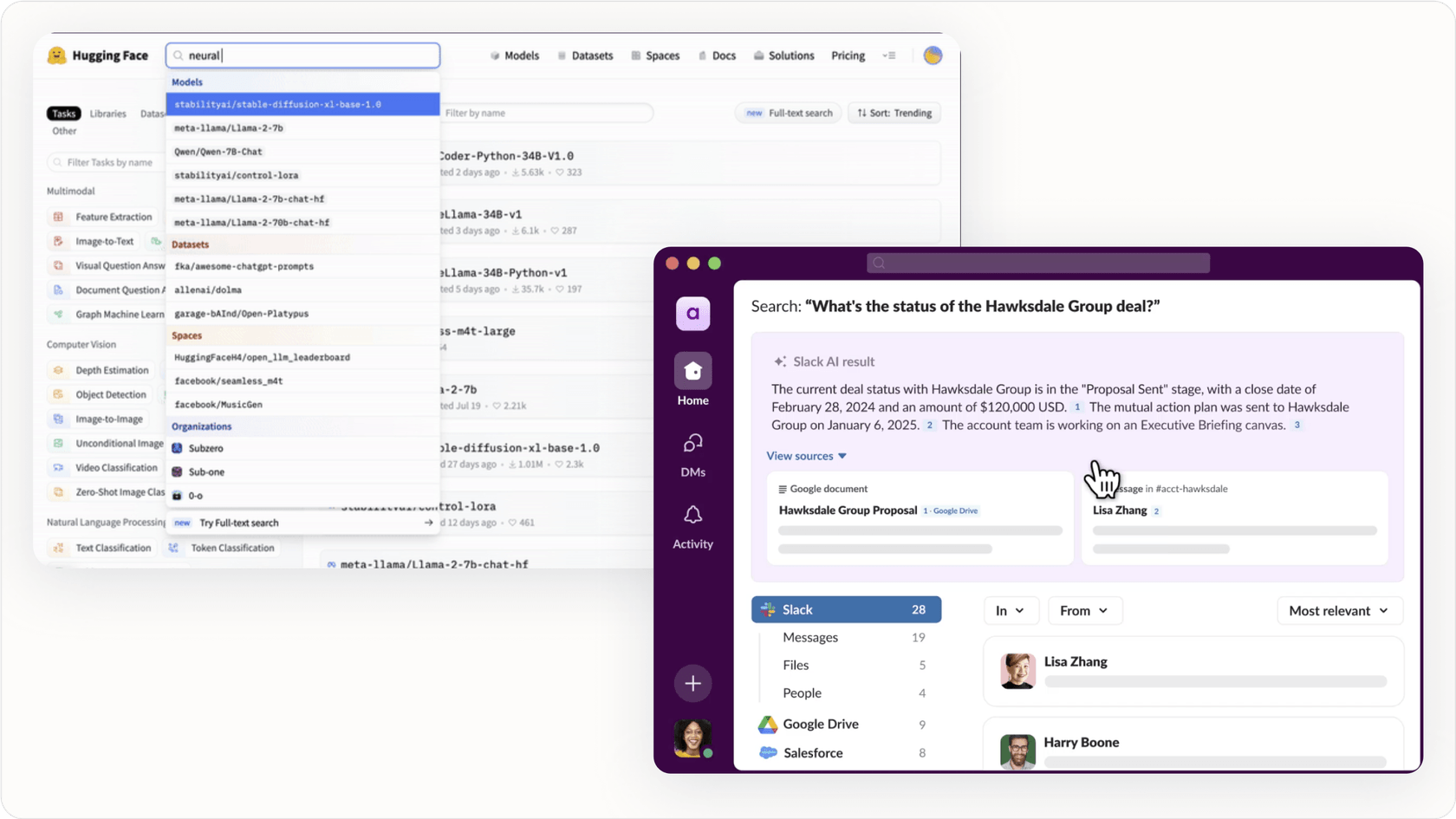 Internal search showing results from different sources.