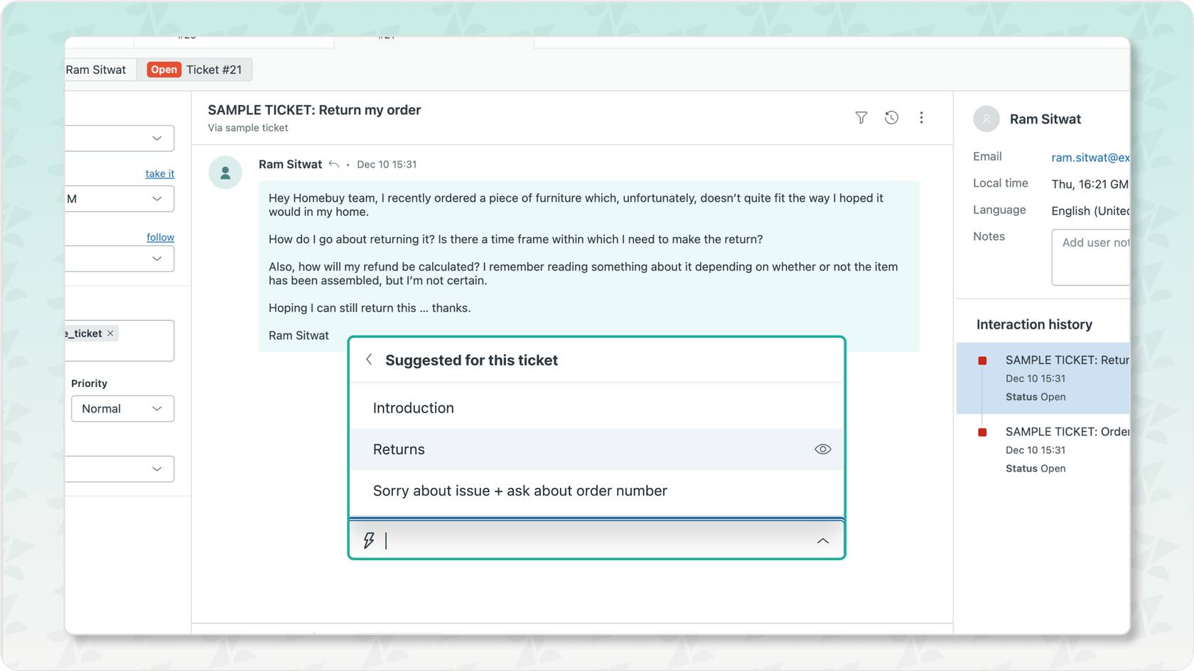 Zendesk Agent Workspace with Suggested Macros for quick responses.
