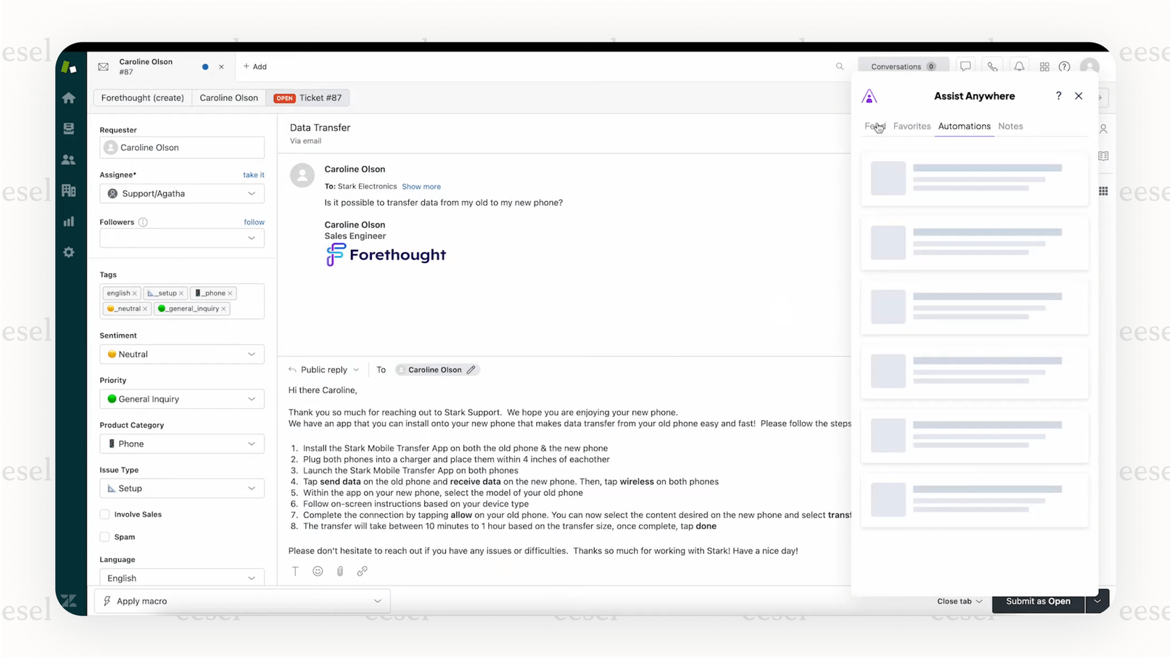 Zendeskでエージェントを支援するForethought Assistコパイロット。
