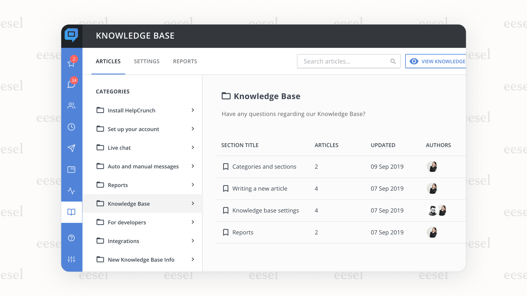 Éditeur de base de connaissances de Helpcrunch. 