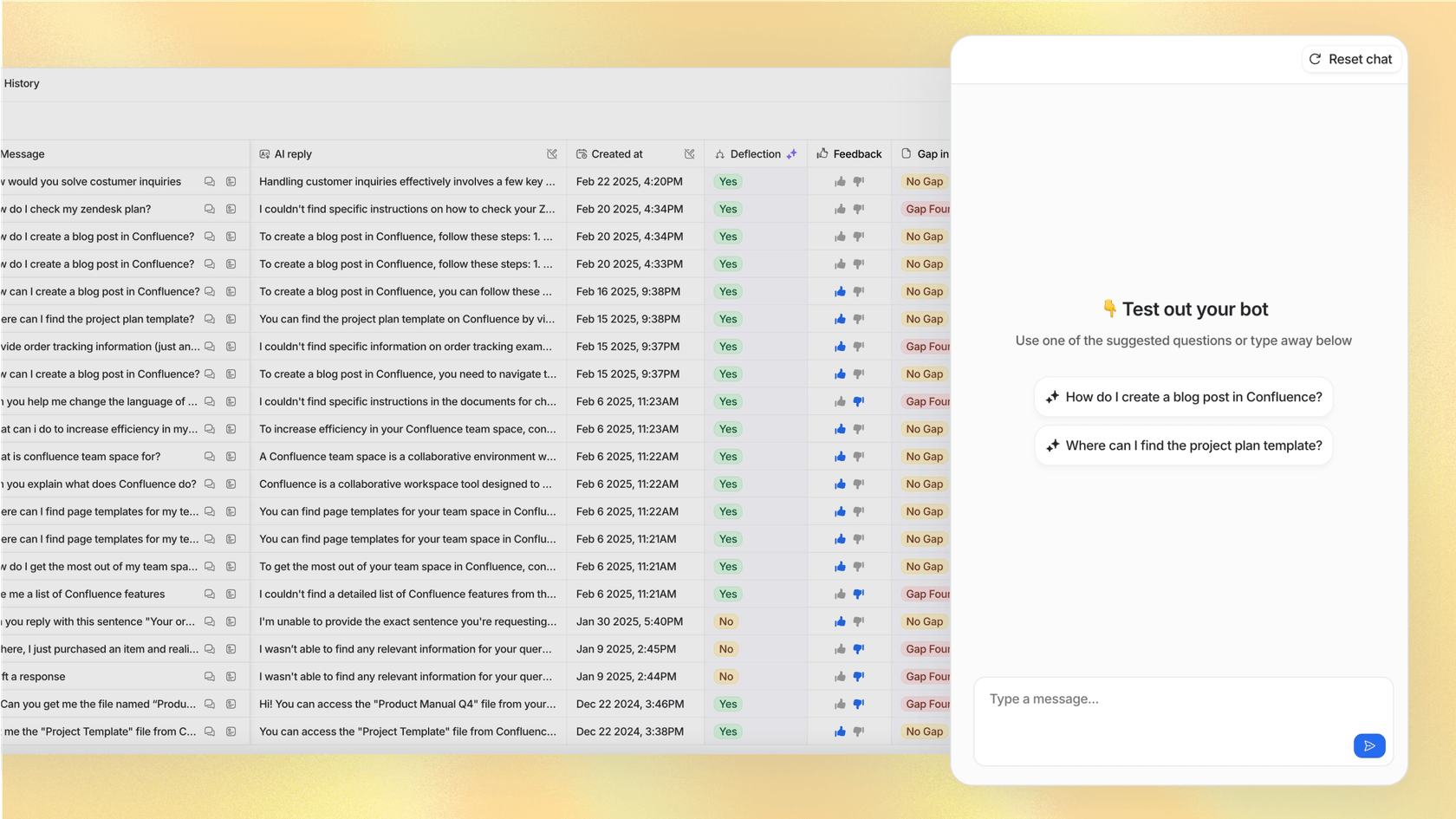 Yellow.aiのレビューでオプションを比較するためのeesel AIシミュレーションのスクリーンショット。