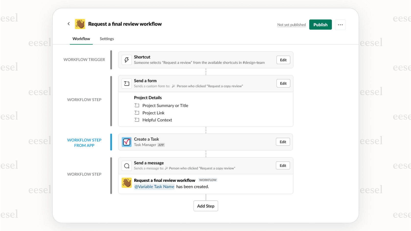 The AI-powered workflow builder in Slack AI.