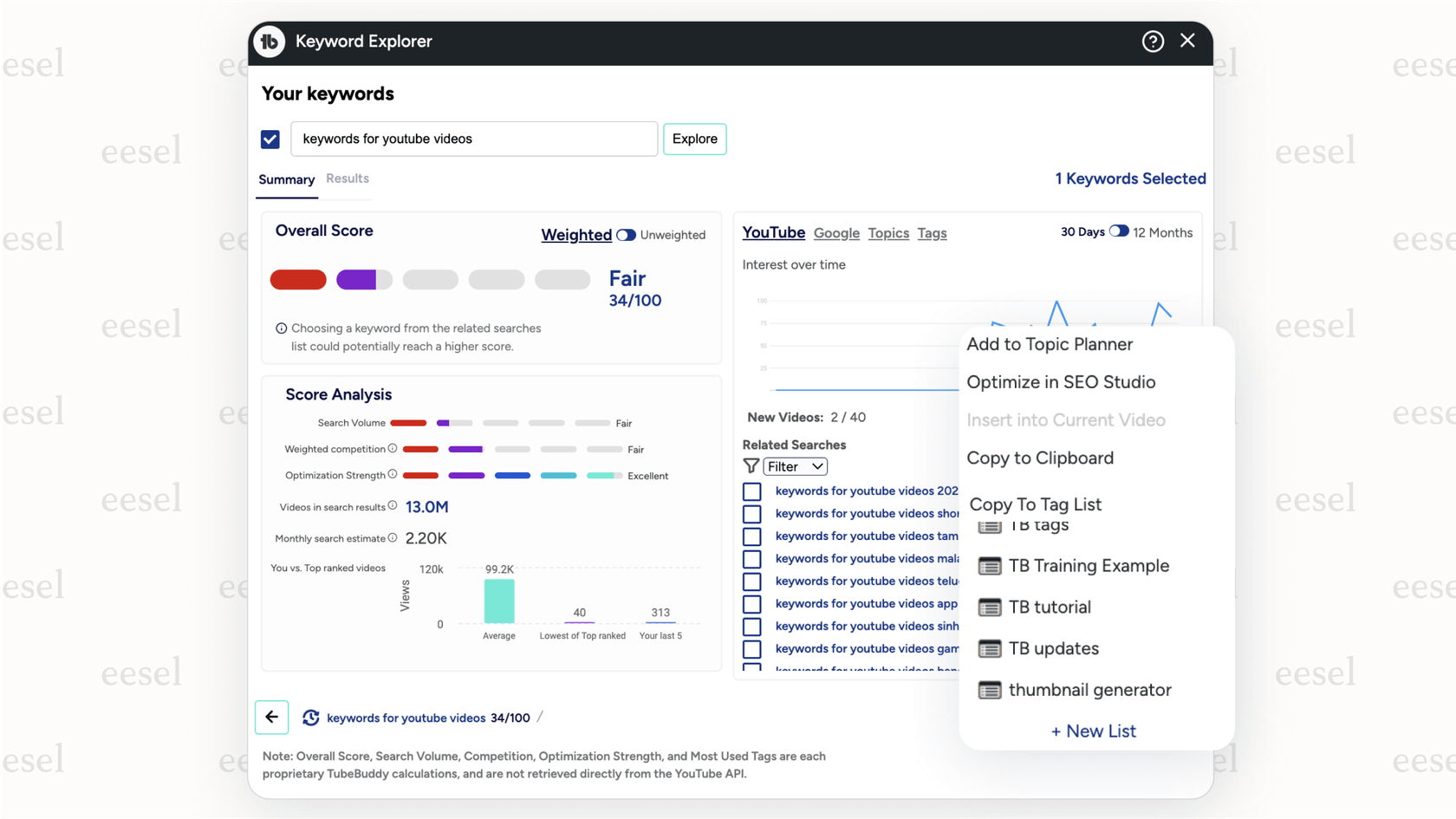 Screenshot of the TubeBuddy Youtube AI tool displaying keyword analytics, including a score, search volume, and related search terms to help with SEO.
