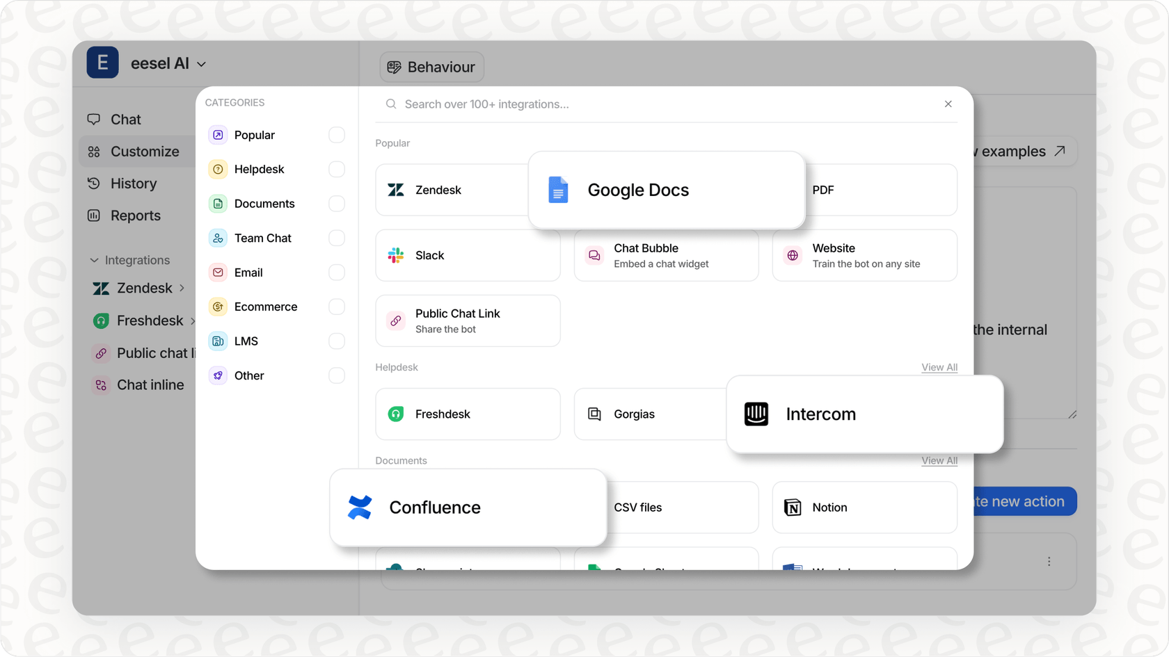 Tableau de bord eesel AI montrant les intégrations de sources de données pour l'IA du centre de contact.