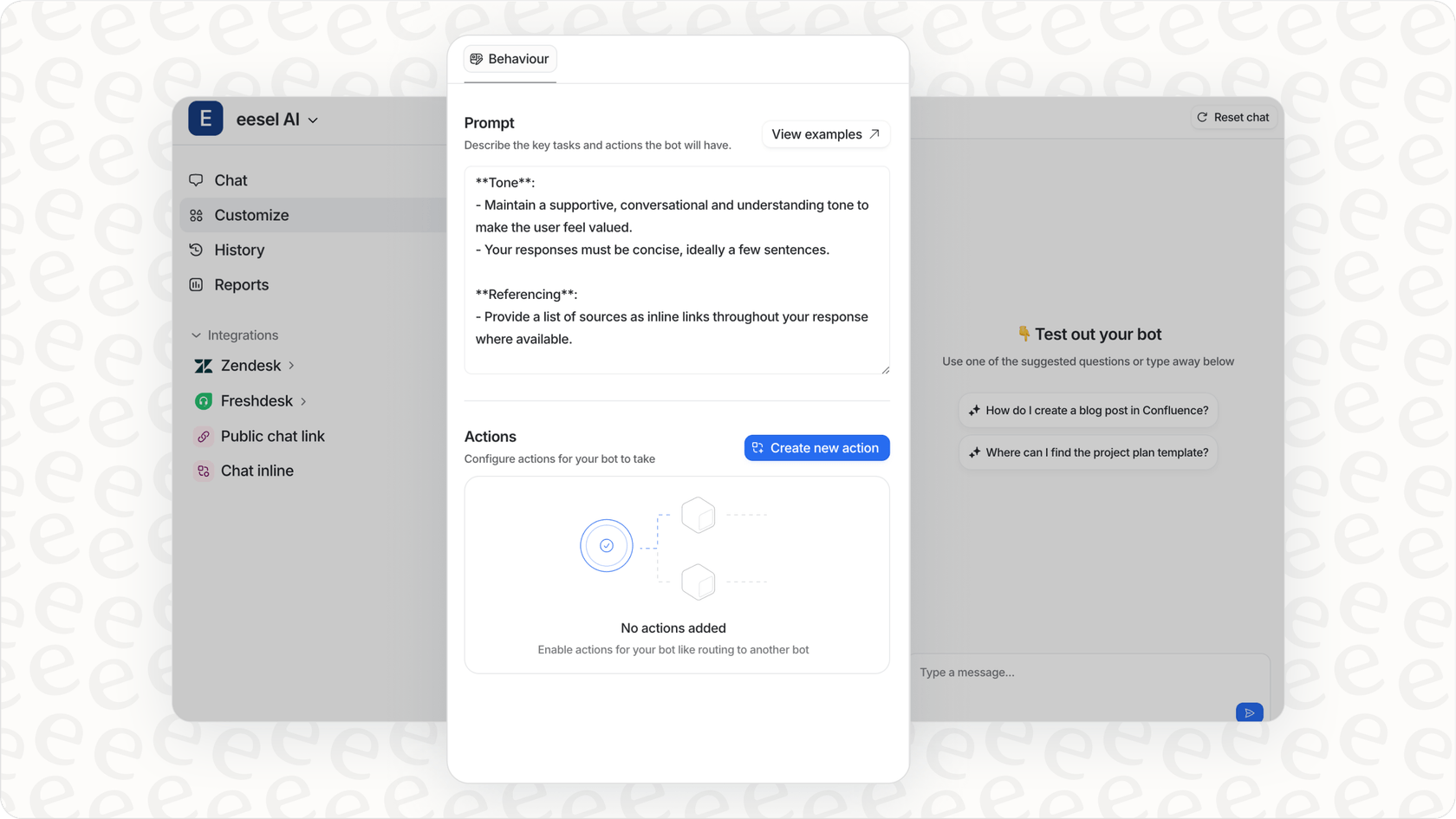 eesel AI dashboard with customization options for bot prompts and actions.