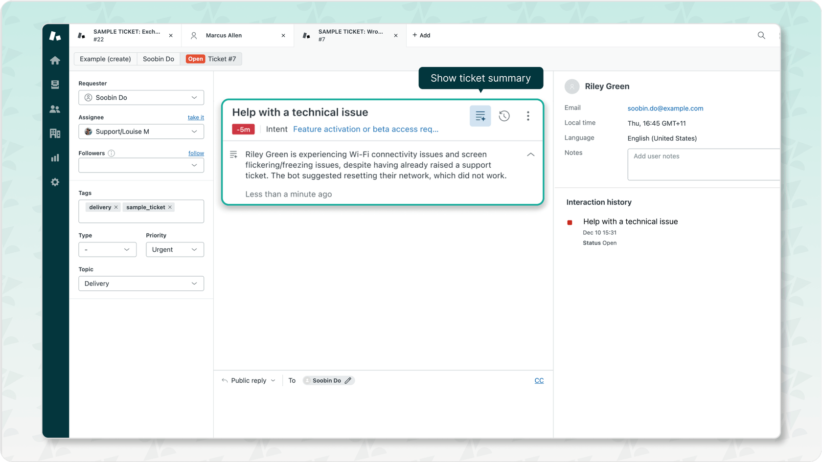 Zendesk Agent Workspace showing an AI-generated ticket summary as one of Zendesk AI capabilities..