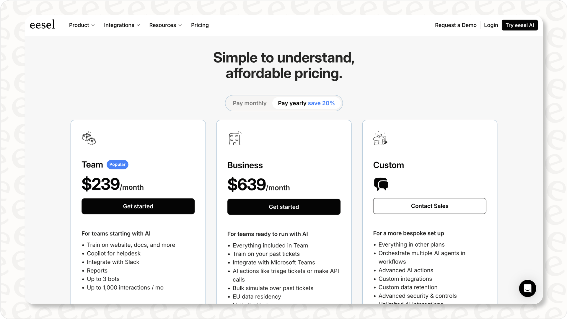 Screenshot showing eesel AI's transparent pay-per-interaction pricing model, contrasting with Sierra AI pricing.