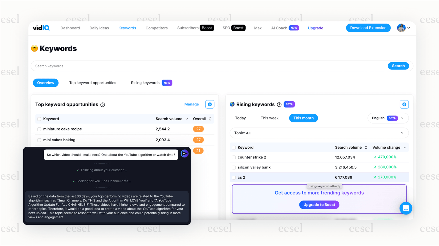 Screenshot of the VidIQ Youtube AI Coach feature suggesting new video topics and titles with a predictive view count to guide content strategy.
