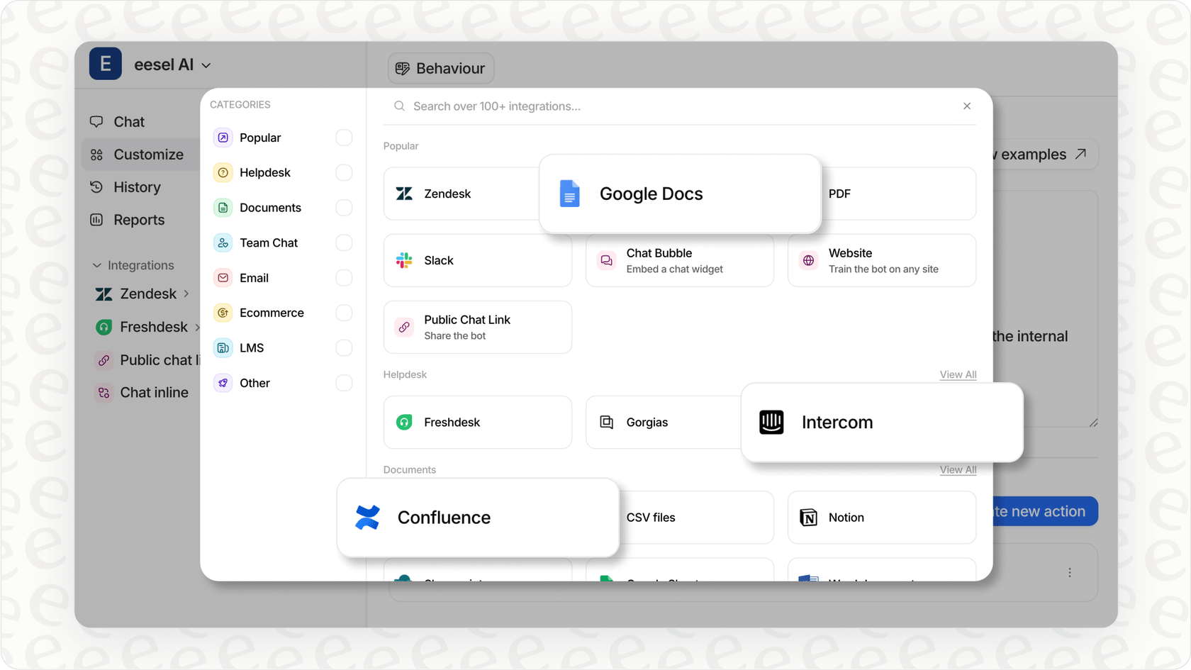 eesel AI interface for integrating an AI shopping assistant with e-commerce and helpdesk systems.