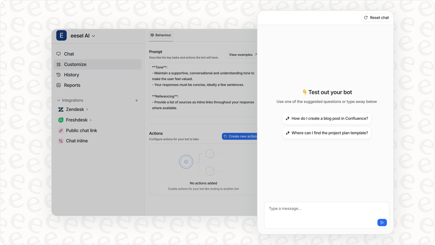 eesel AI dashboard with testing and fine-tuning features for bot responses.