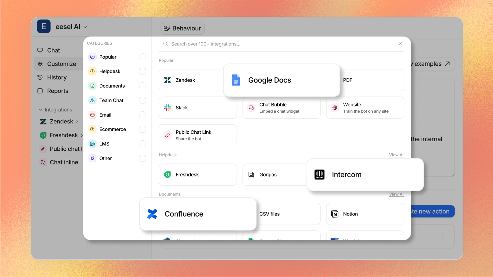 Painel do eesel AI mostrando conectividade multiplataforma