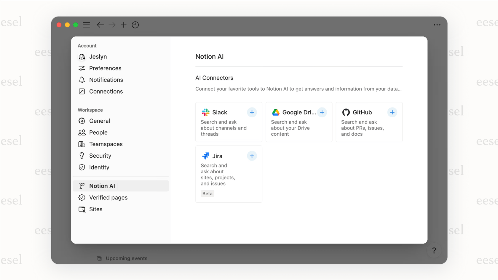 A view of the available Notion AI connectors. 