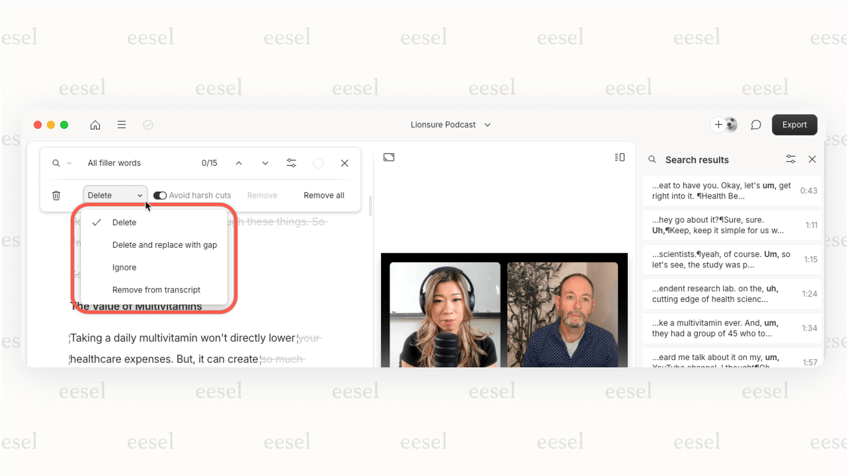 Screenshot of the Descript editor, a Youtube AI tool that allows users to edit video by editing the transcribed text, with filler words like 