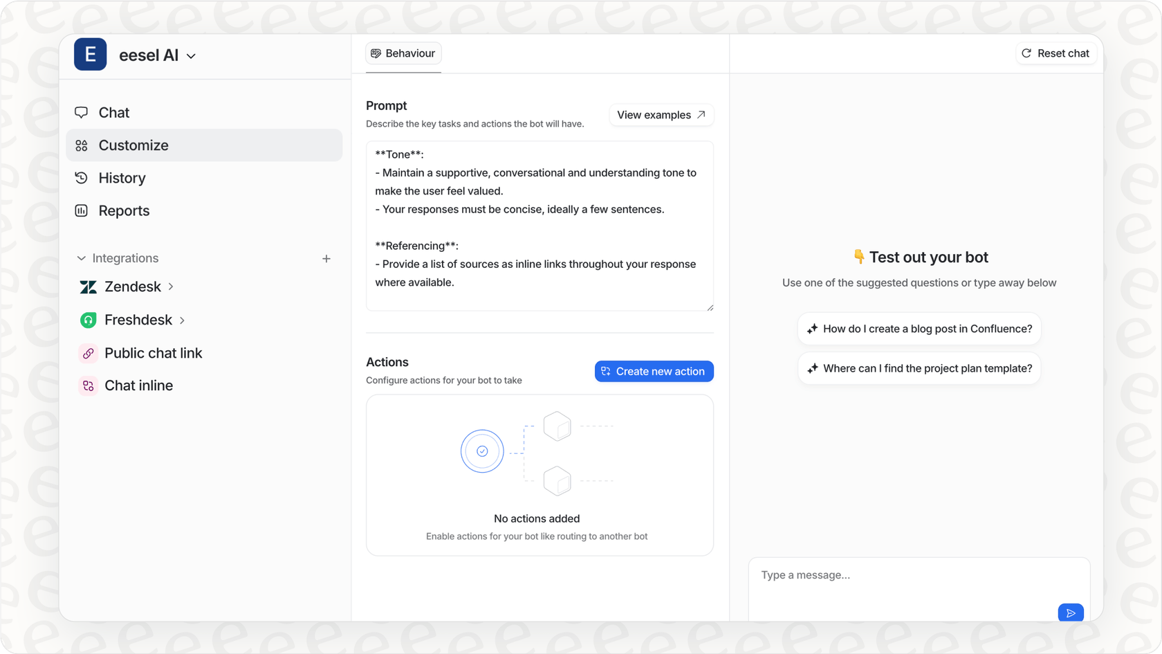 Interface de configuration eesel AI pour configurer un agent d'IA de centre de contact.