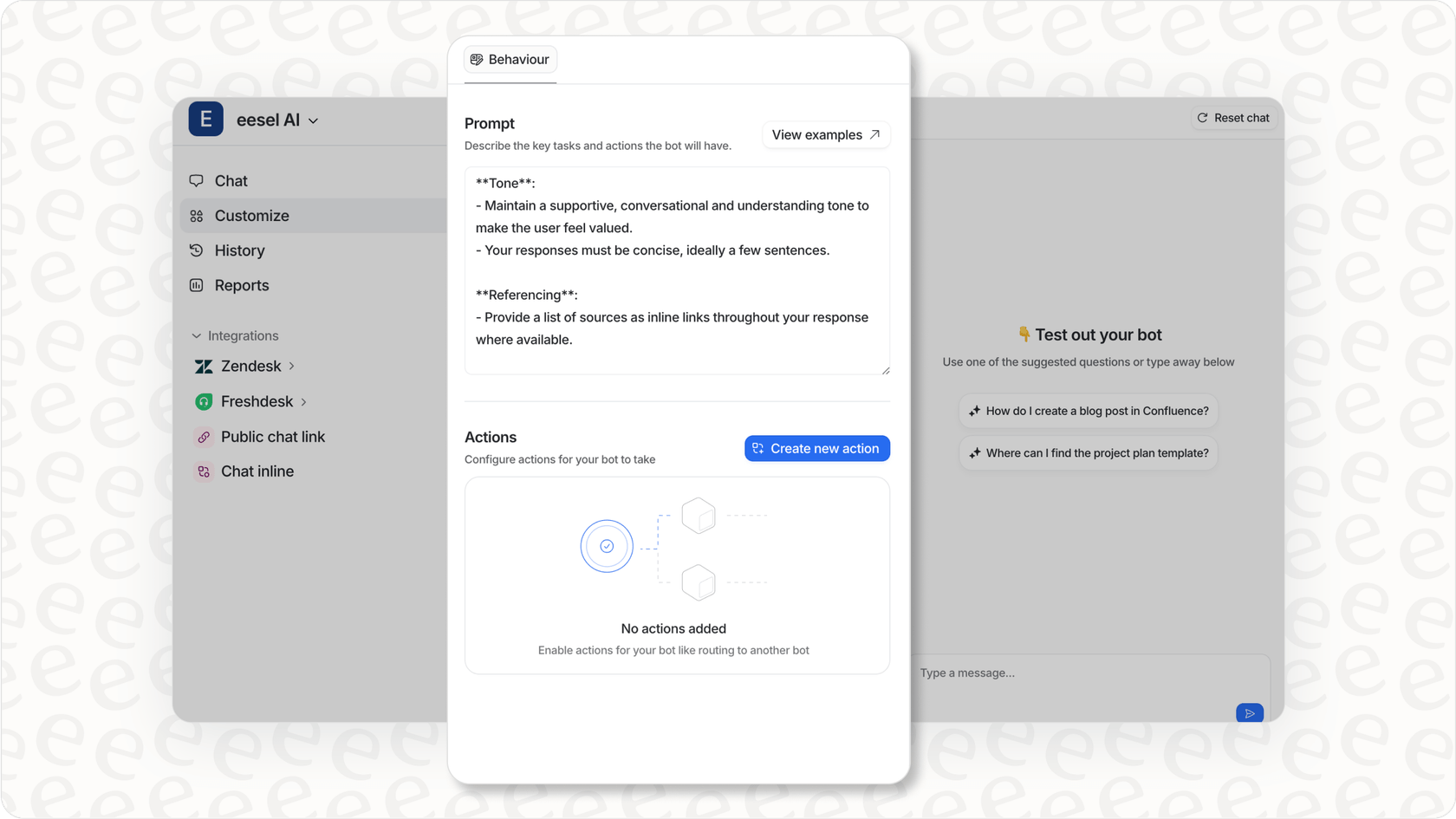 eesel AI interface for customizing an AI shopping assistant’s personality, actions, and workflows.