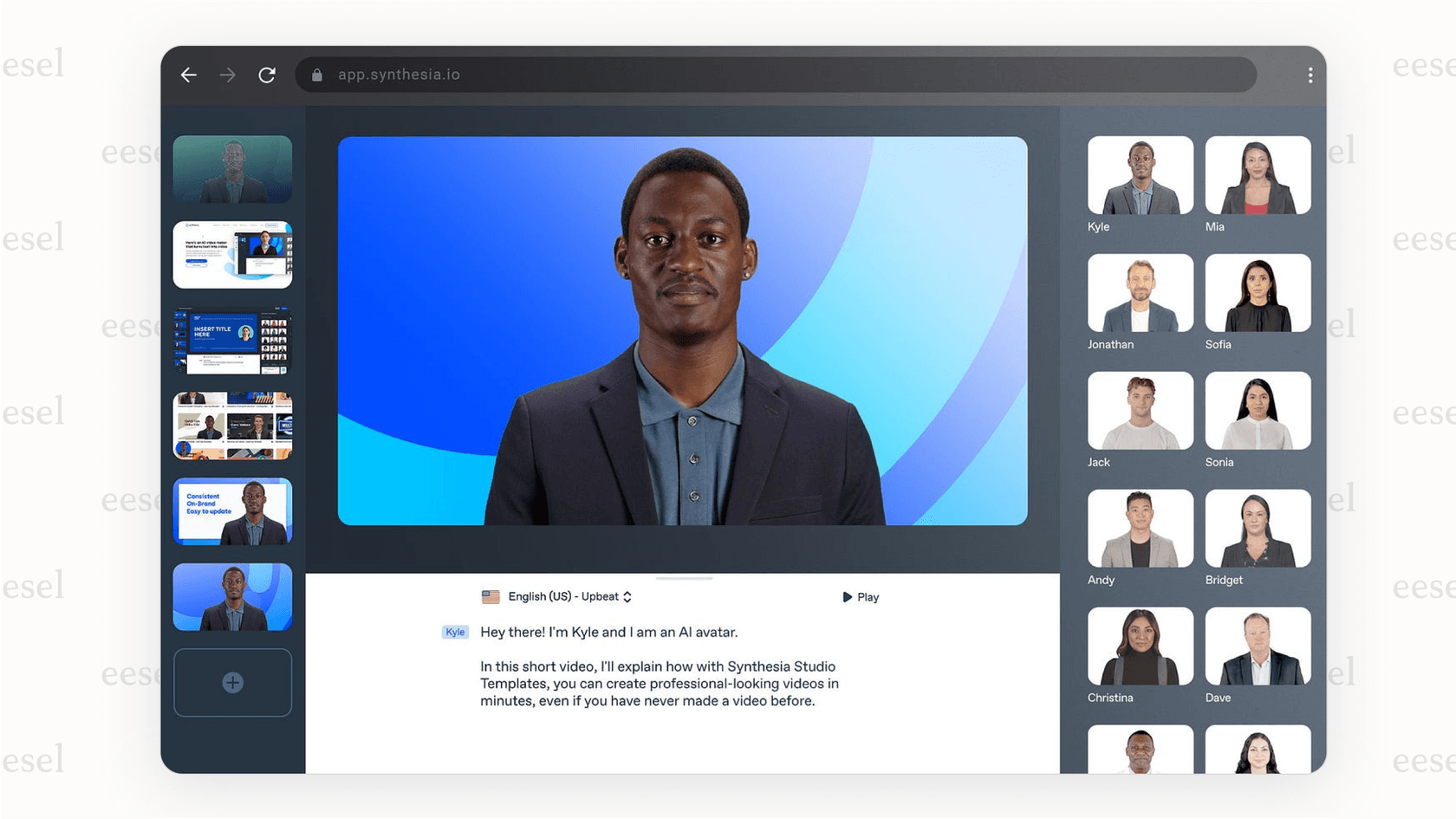 Screenshot of the Synthesia platform, a Youtube AI video generator, showing the user interface for writing a script, choosing an AI avatar, and generating a video.