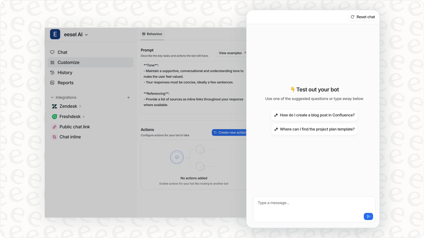 eesel AI simulation interface for testing conversational AI agents.