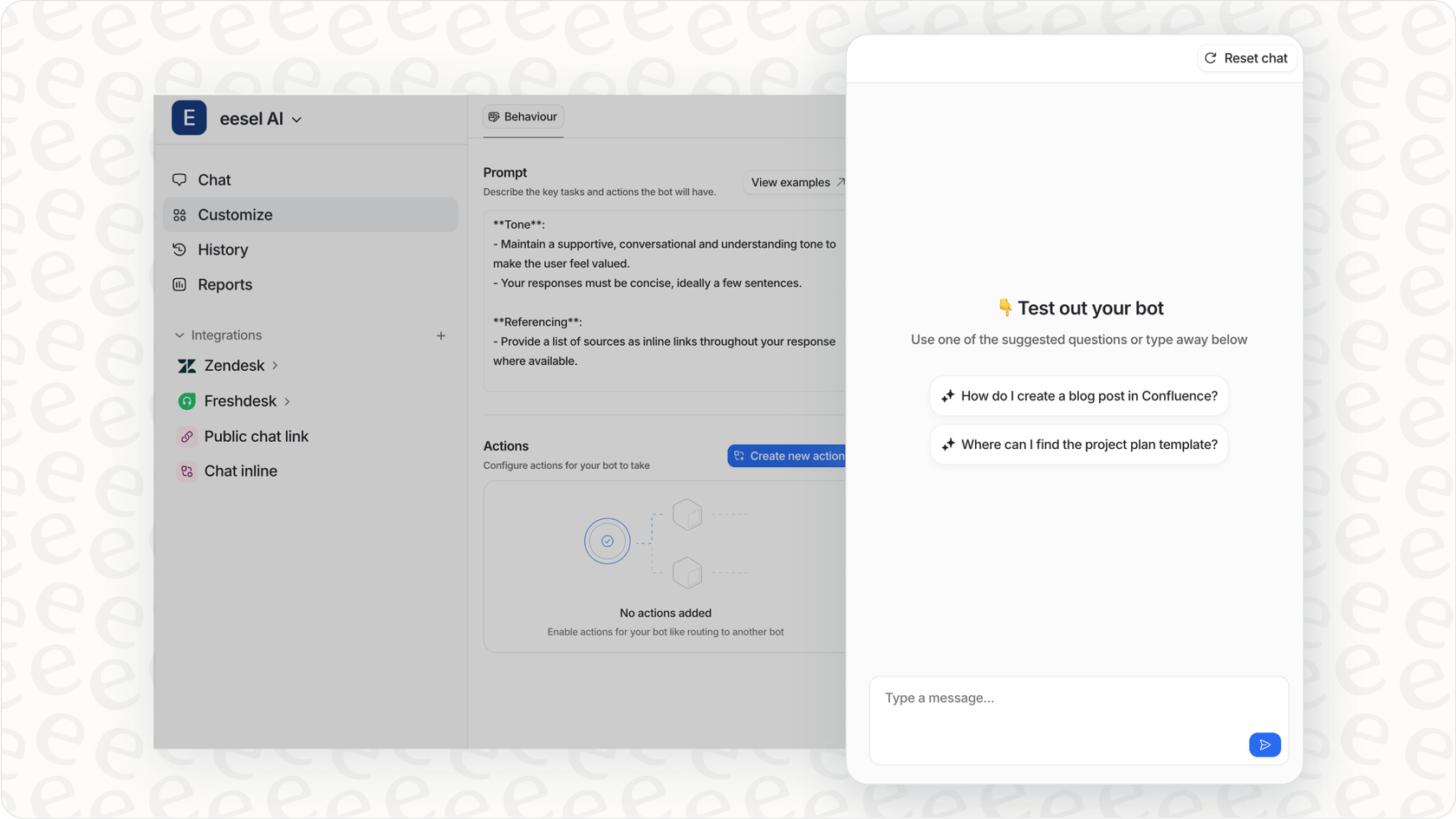 eesel AI interface for testing and refining AI shopping assistant performance.