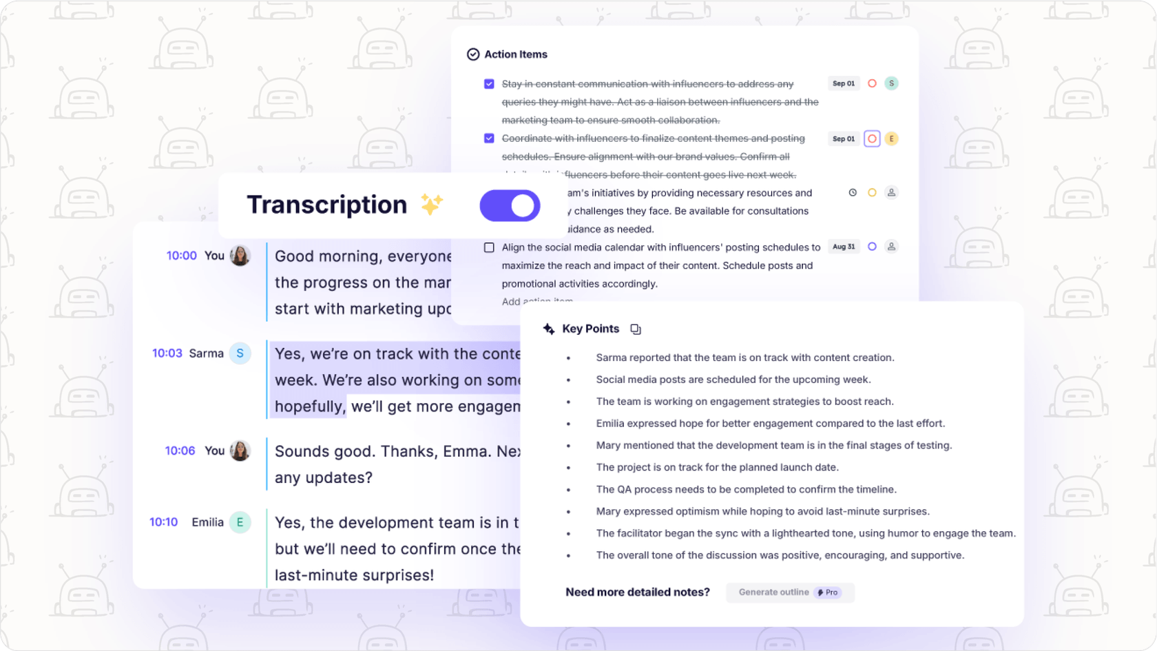 Krisp meeting assistant interface with transcription and summary features.