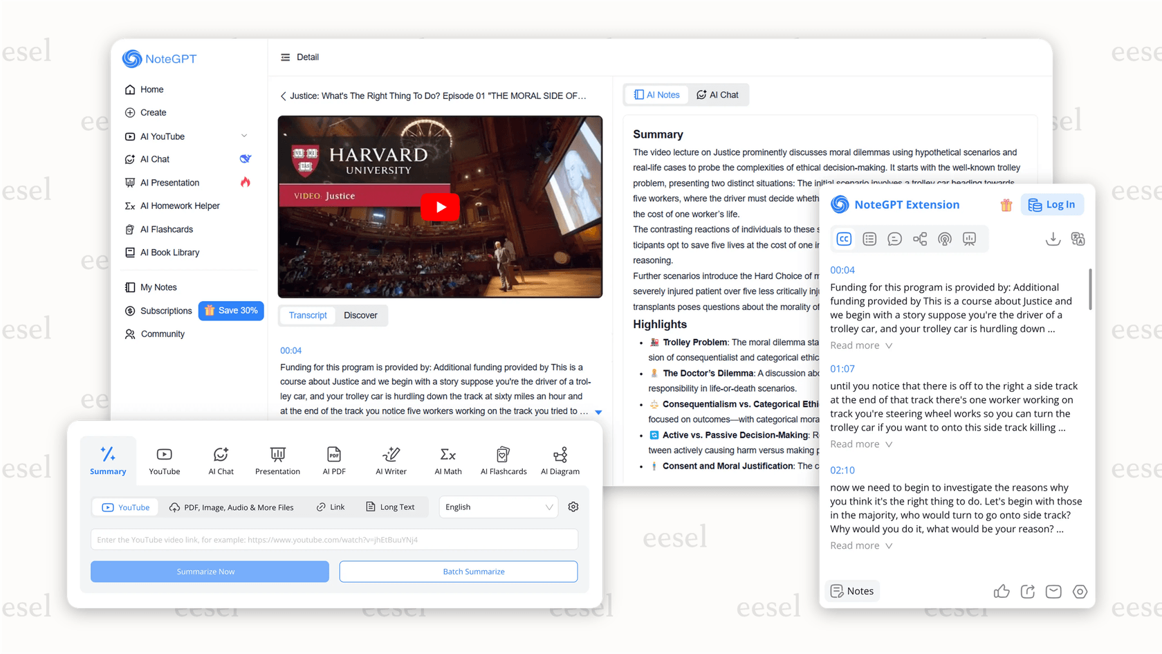 Screenshot of the NoteGPT website, where a Youtube AI is used to create a concise summary and key takeaways from a long YouTube video.