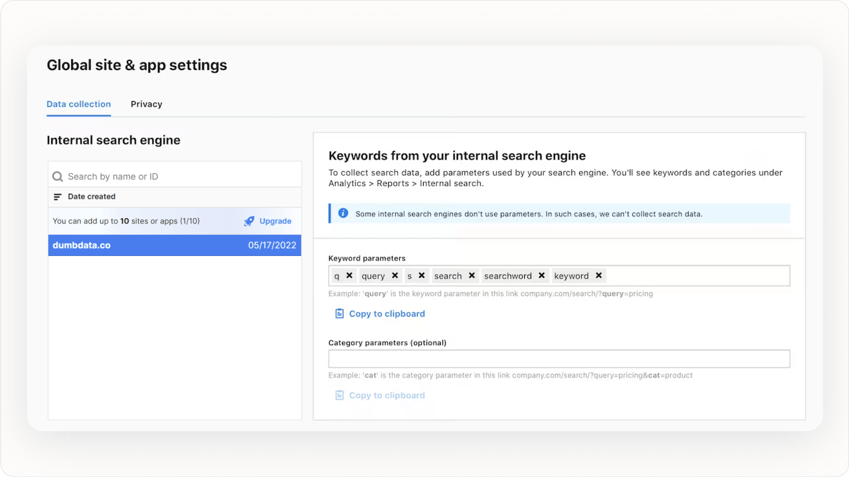 Internal search integration settings.