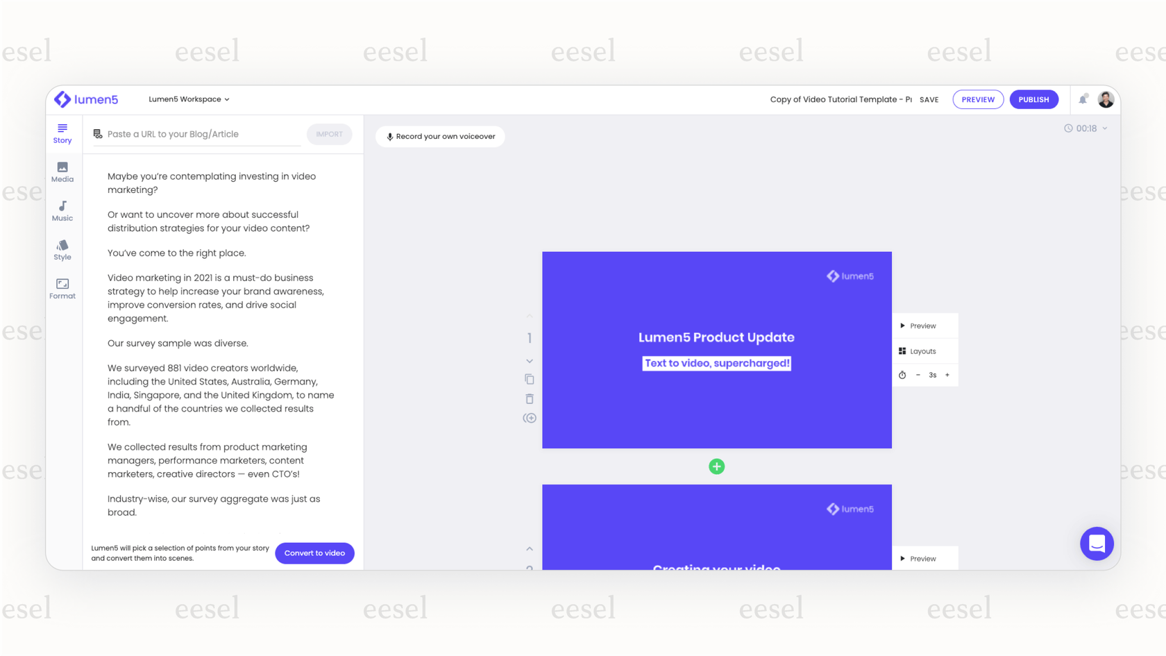 Screenshot of the Lumen5 platform, which uses Youtube AI to transform a text-based article into a sequence of video scenes for marketing content.