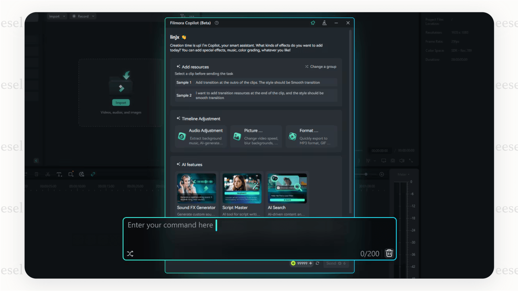 Screenshot of the Filmora video editor, highlighting the Youtube AI Copilot feature which provides contextual tips to speed up the editing process.