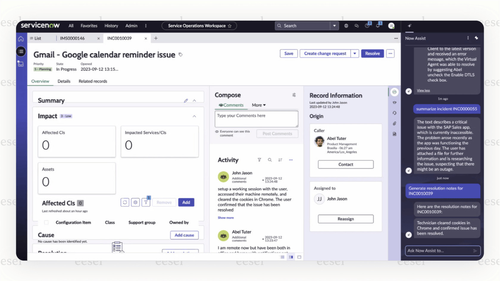 ServiceNowのNow Assist機能がインシデントを要約してエージェントを支援しているスクリーンショット。これは、ServiceNowにおける生成AIと従来のAIの違いを示す一例です。::