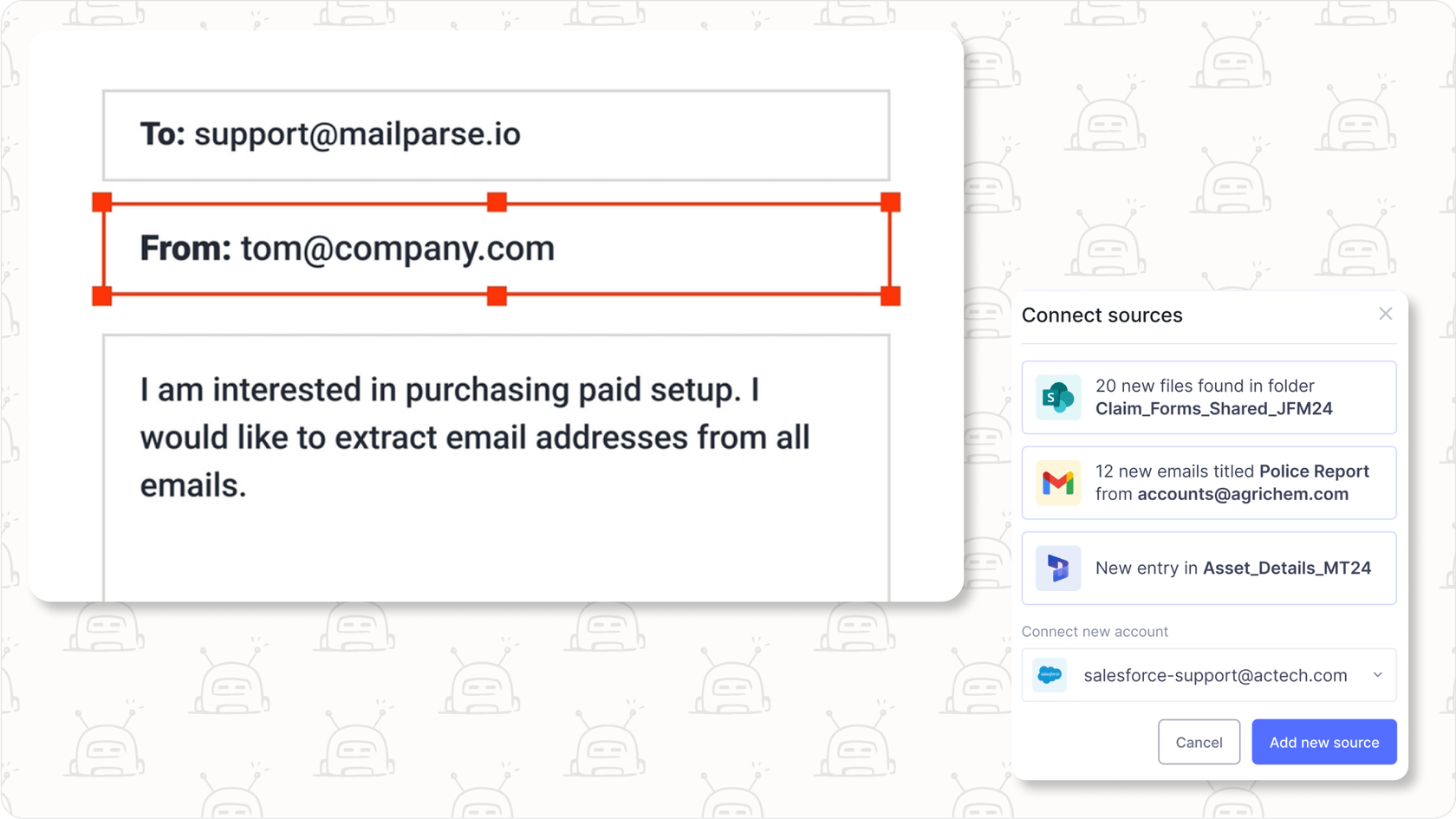 AI email assistant extracting key data points from an email.
