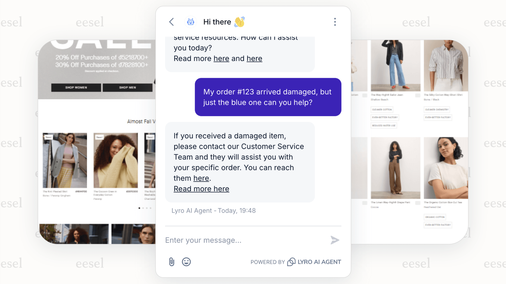A screenshot of the Tidio chatbot widget with a friendly greeting on a sample e-commerce website.