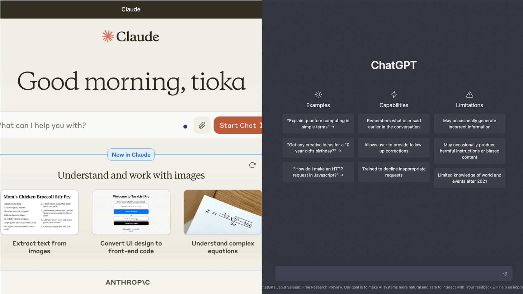 Uma comparação entre a interface do Claude e do ChatGPT