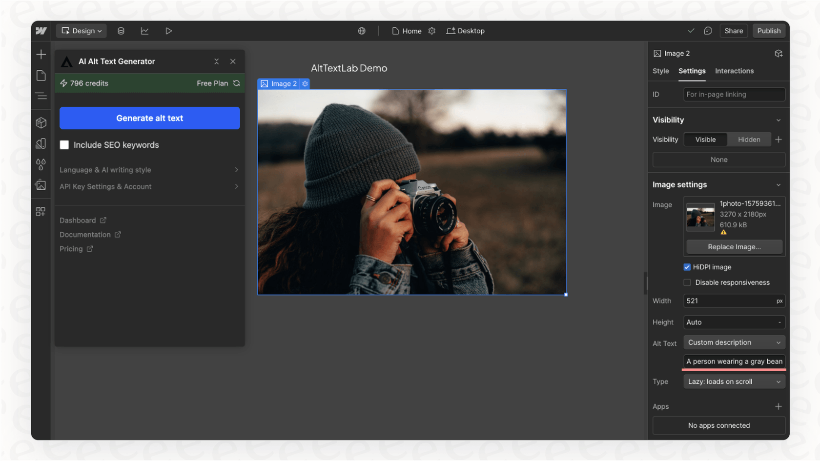 A close-up of the Webflow Designer showing an image's settings with the alt text field automatically filled in by Webflow AI.