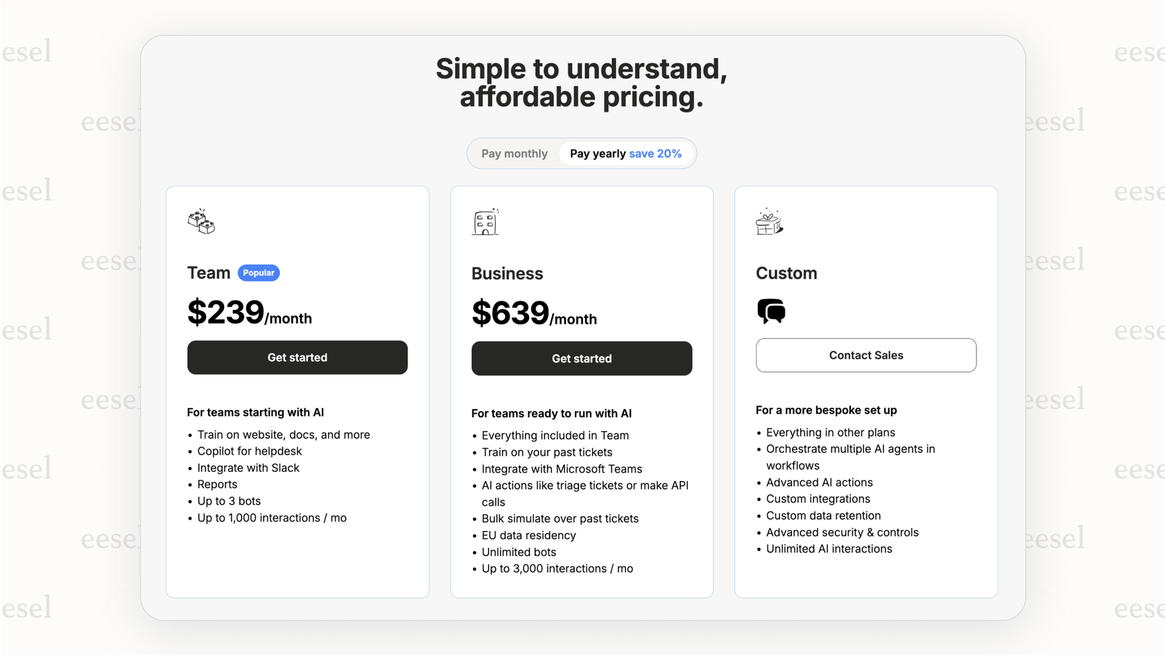 A screenshot showing that with front pricing, costs increase per seat, while with eesel's model, costs are based on usage, not headcount.