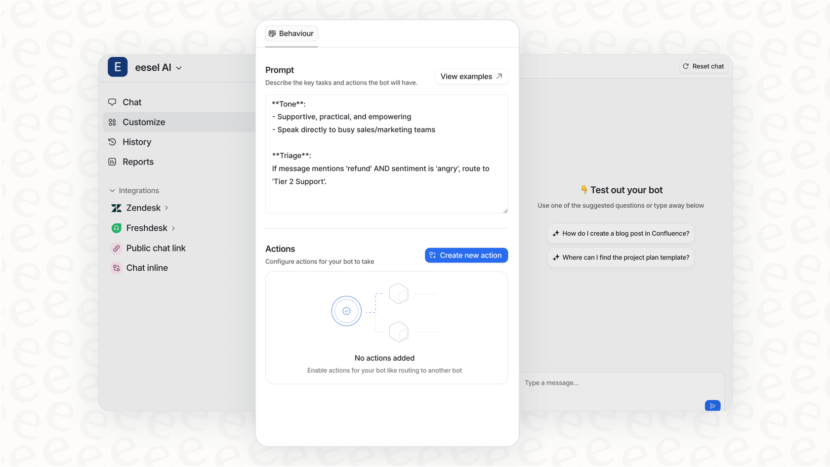A screenshot of the eesel AI platform showing how users can set custom rules and guardrails to control their AI agent's behavior, ensuring a branded experience in their ChatGPT Shopify commerce strategy.