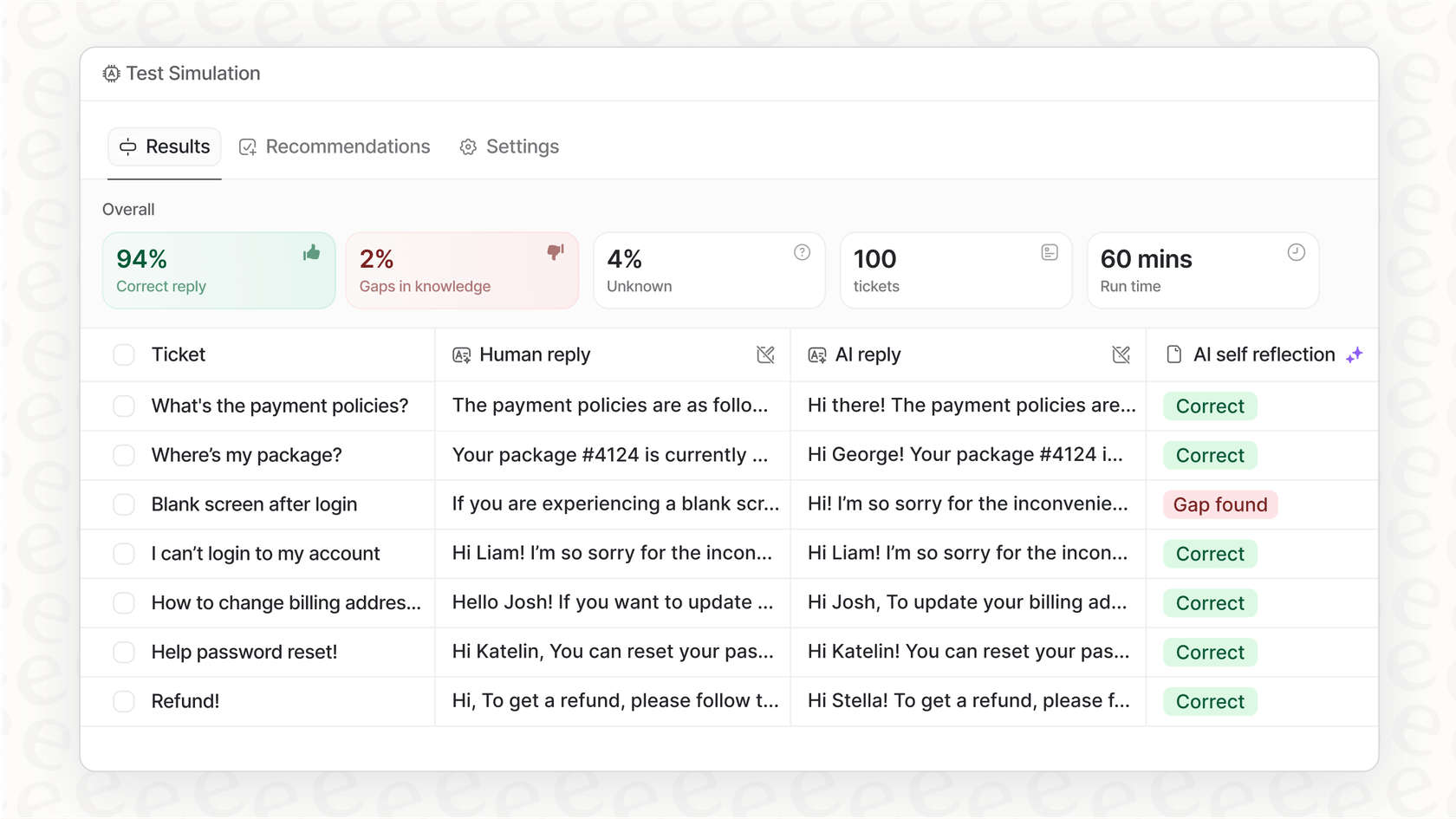 A screenshot of eesel AI's simulation feature, showing how to safely test and forecast results before launching what is omnichannel customer service automation.