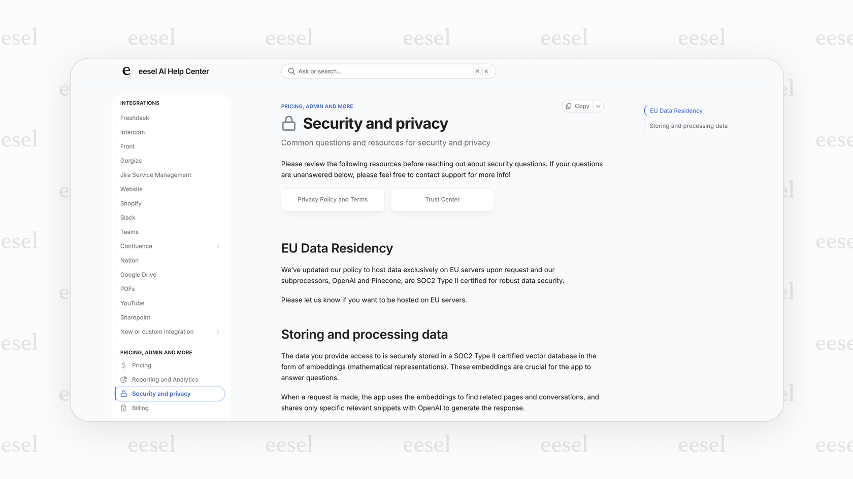 A focused screenshot highlighting security promises for enterprise AI support, such as 'Your data is never used to train other models' and 'GDPR compliant,' with checkmarks next to each.