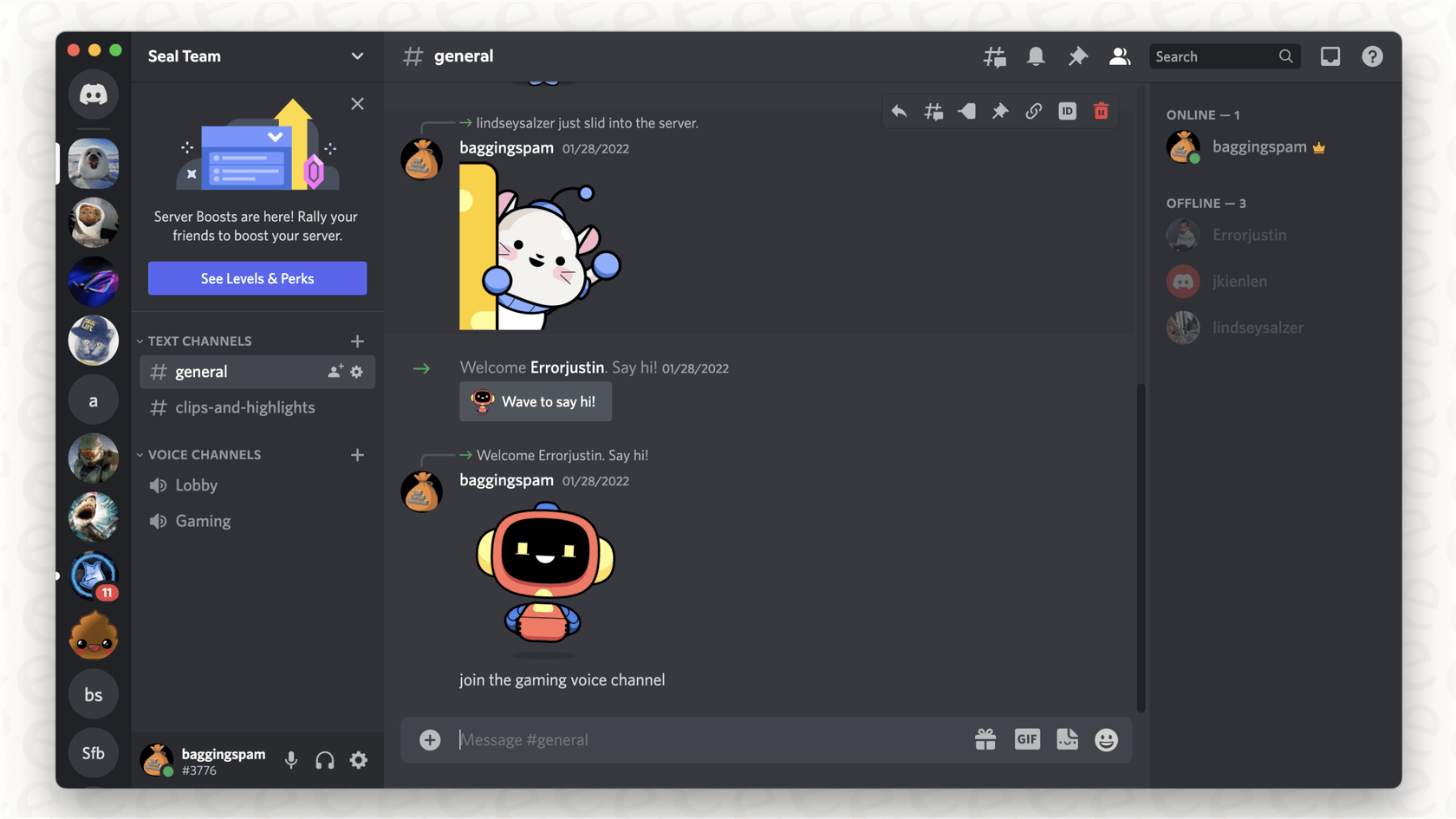 Screenshot providing a Discord overview, showing the key components of the user interface: servers, channels, and user roles.