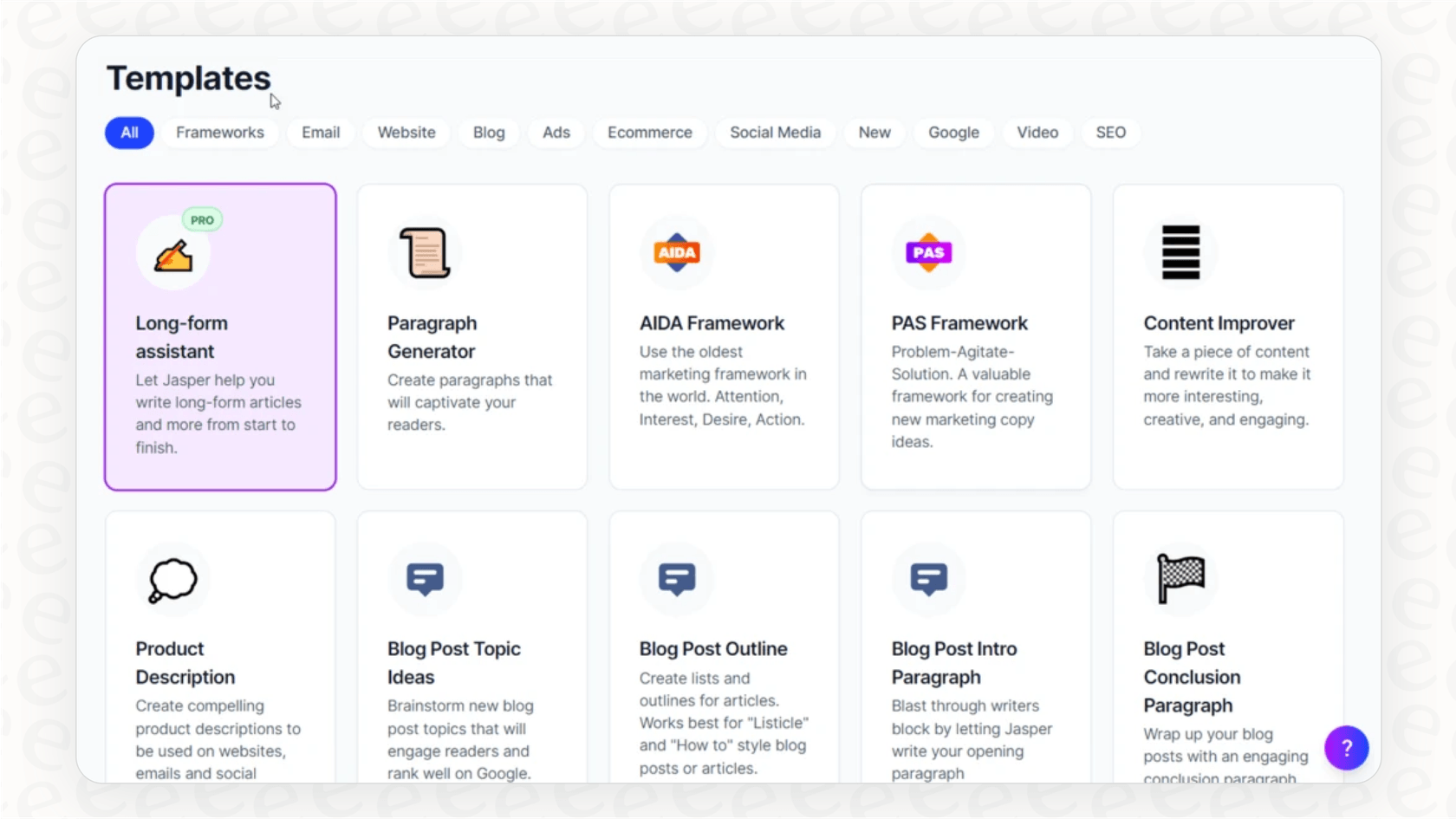 Screenshot of the Jasper AI template library, a key feature in this Jasper overview.