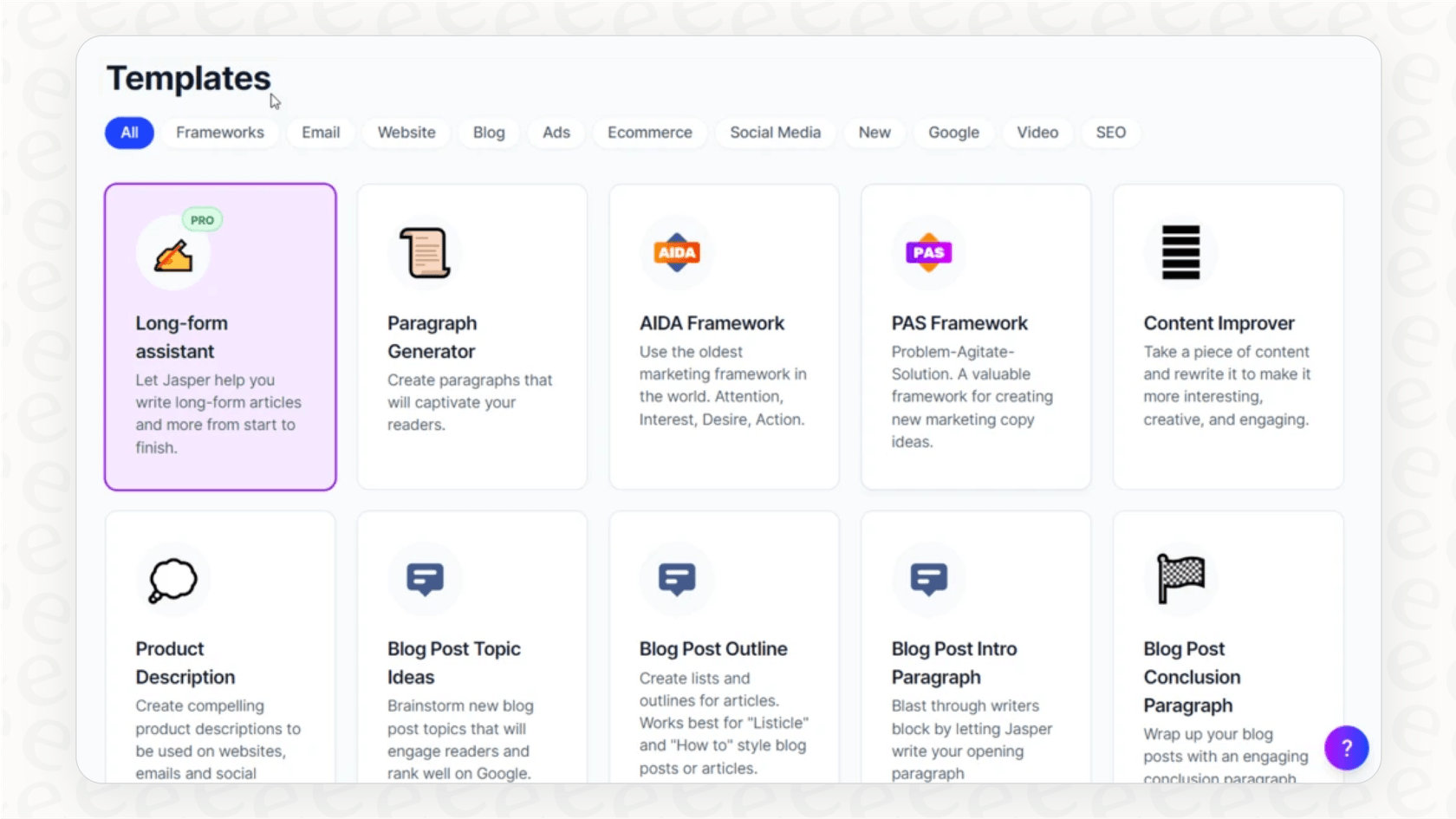 Screenshot of the various content templates included in the Jasper pricing plans, including options for blog posts, ads, and social media.