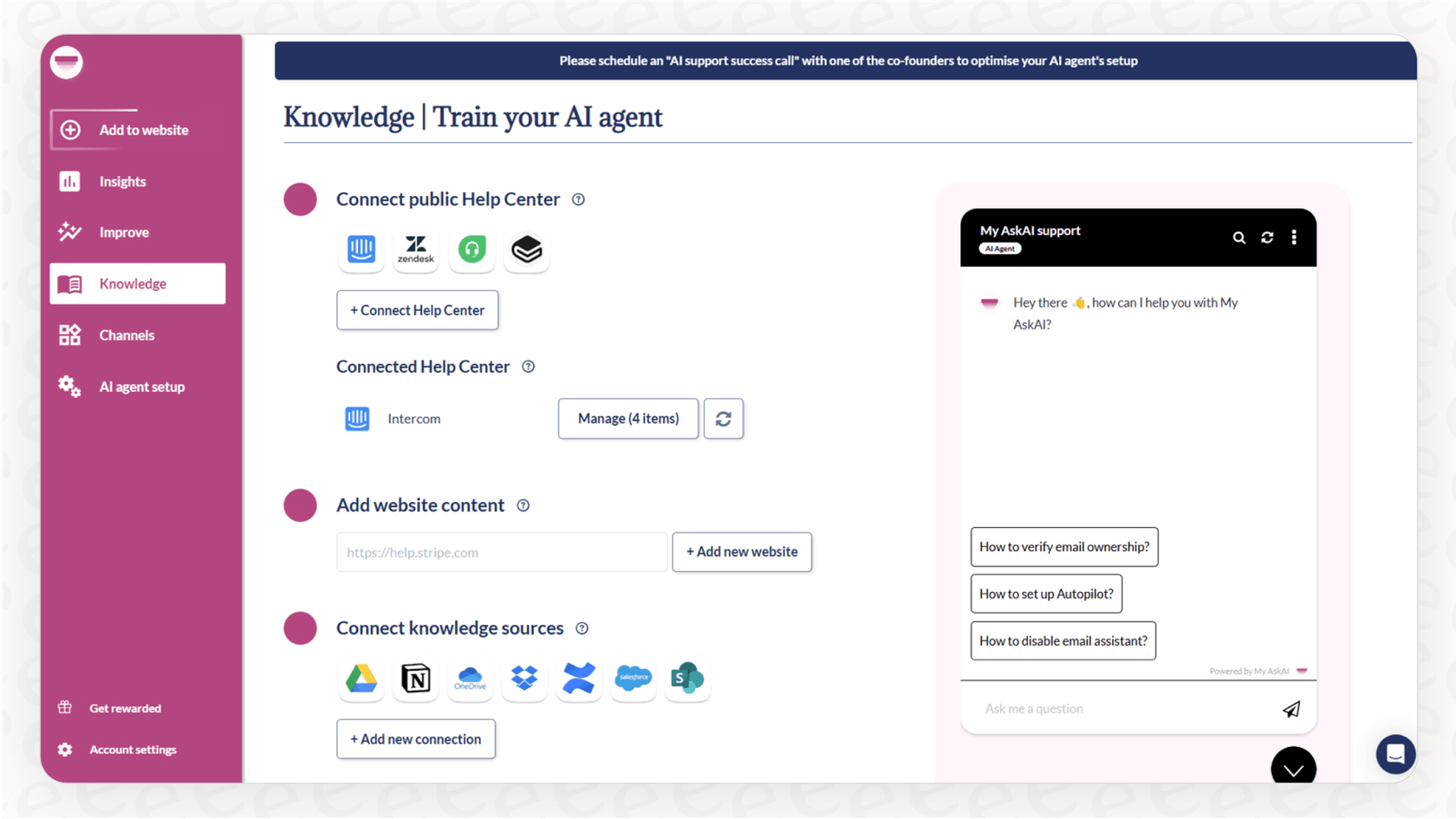 A screenshot of the My AskAI user interface, demonstrating the ease of setup for these Zendesk AI bots.::