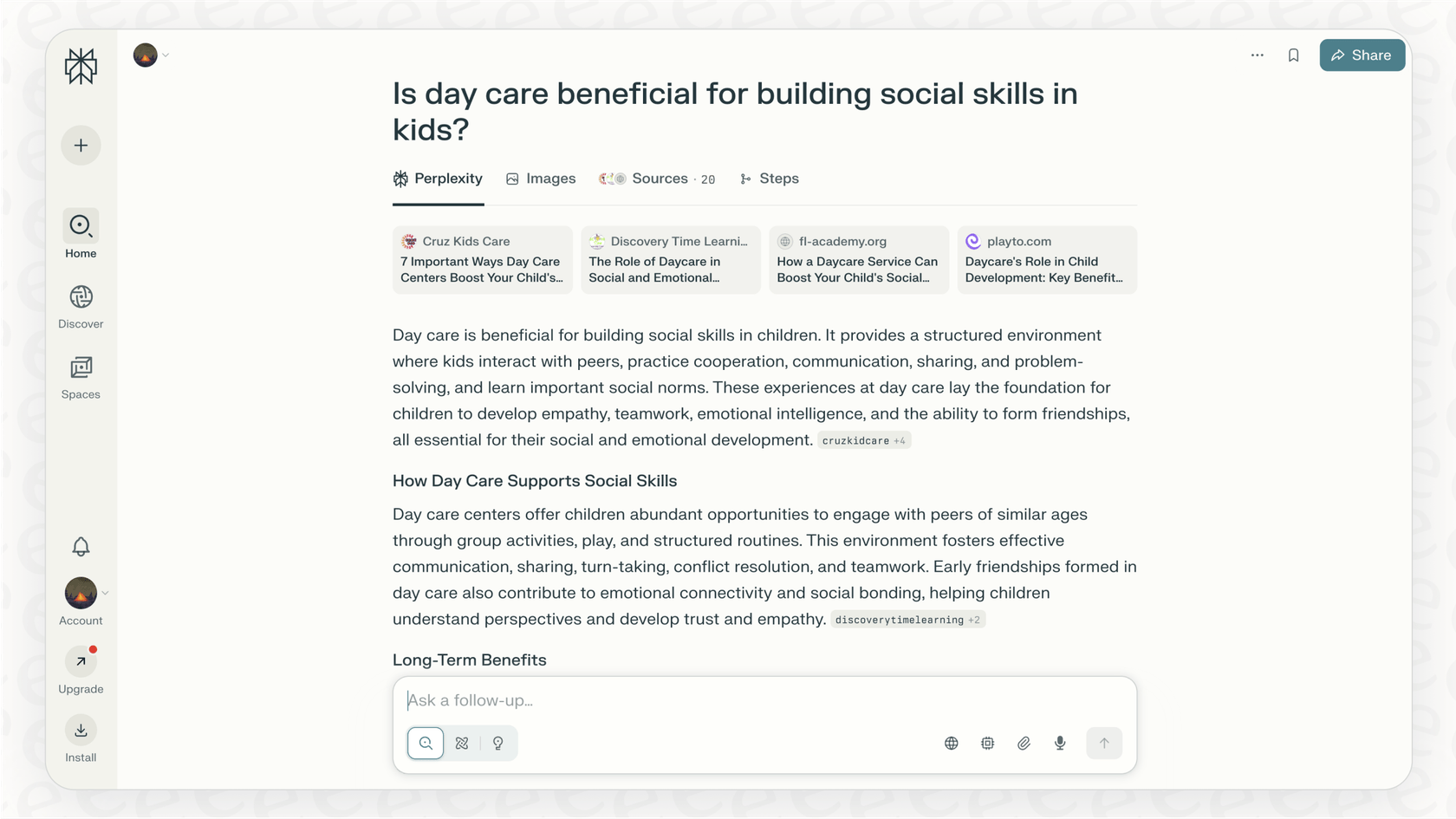A screenshot of the Perplexity answer engine, illustrating the features included in the Perplexity pricing plans.