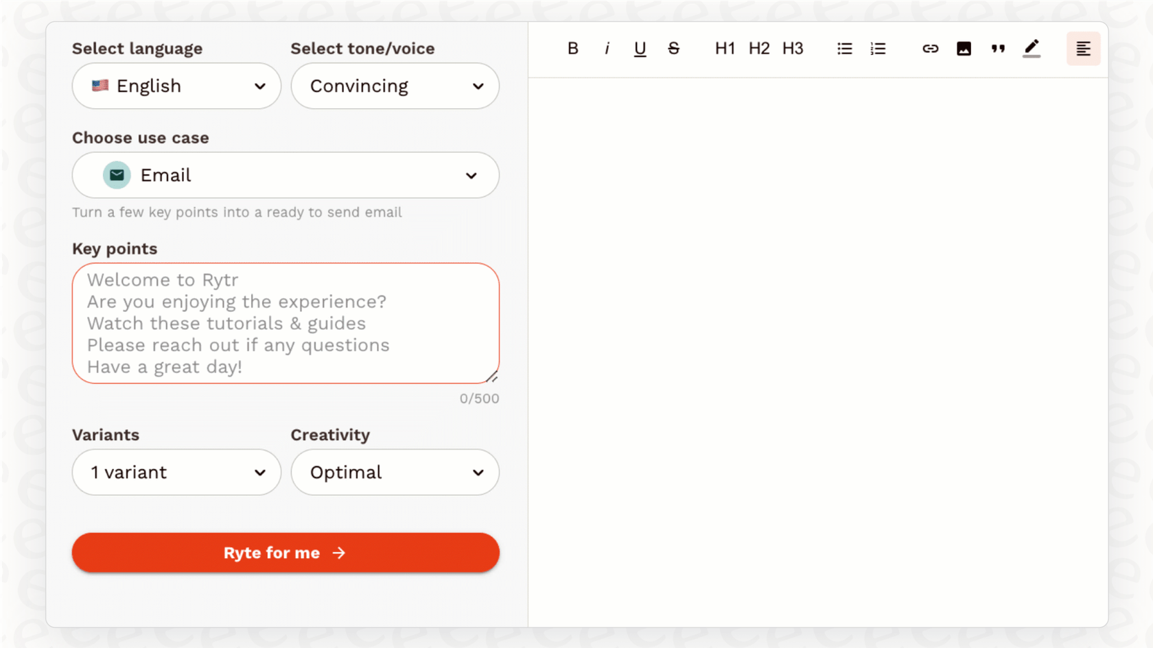 A screenshot for a Rytr overview, displaying the simple interface for generating AI content by choosing a tone and use case.