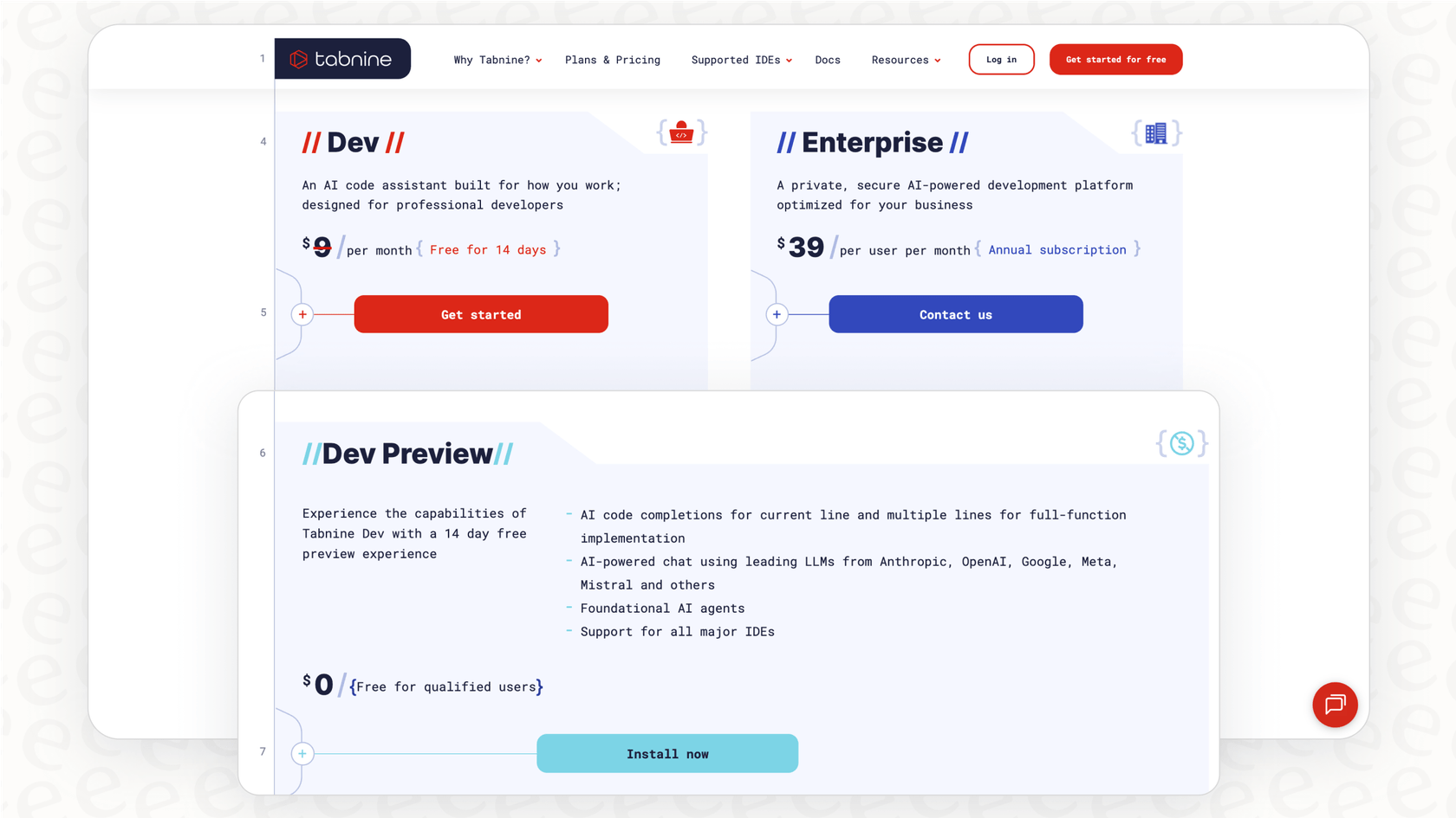 Screenshot displaying the official Tabnine pricing plans, including Dev Preview, Dev, and Enterprise tiers.