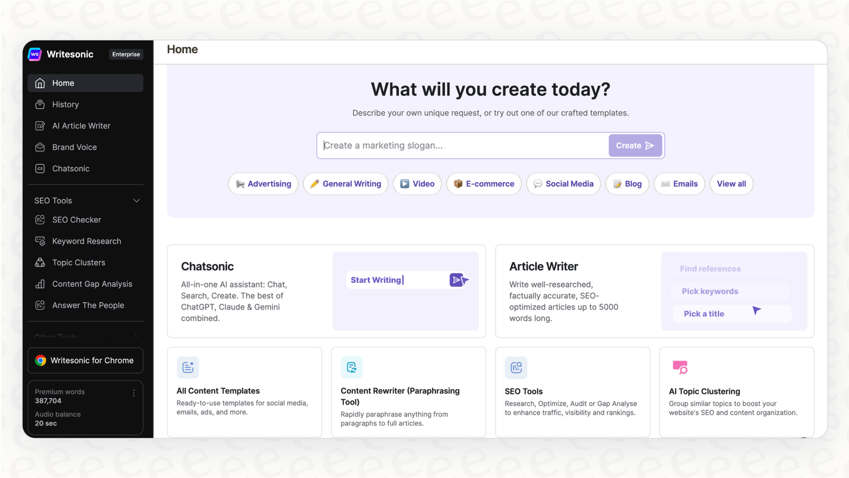 The Writesonic dashboard showcasing the different features available with various Writesonic pricing tiers.