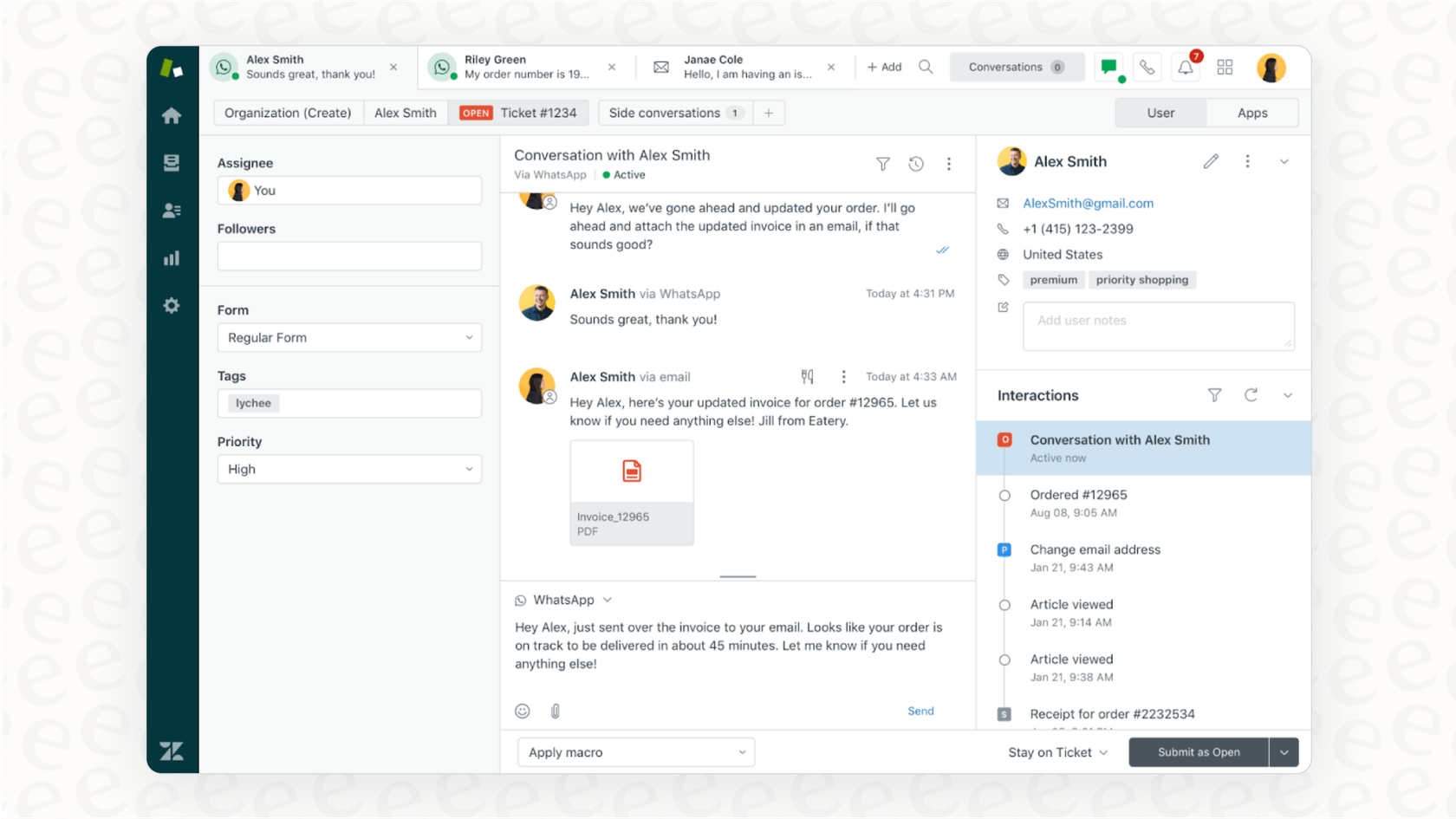 Screenshot illustrating the ticket-centric interface of Zendesk for the Zendesk vs Kustomer analysis.