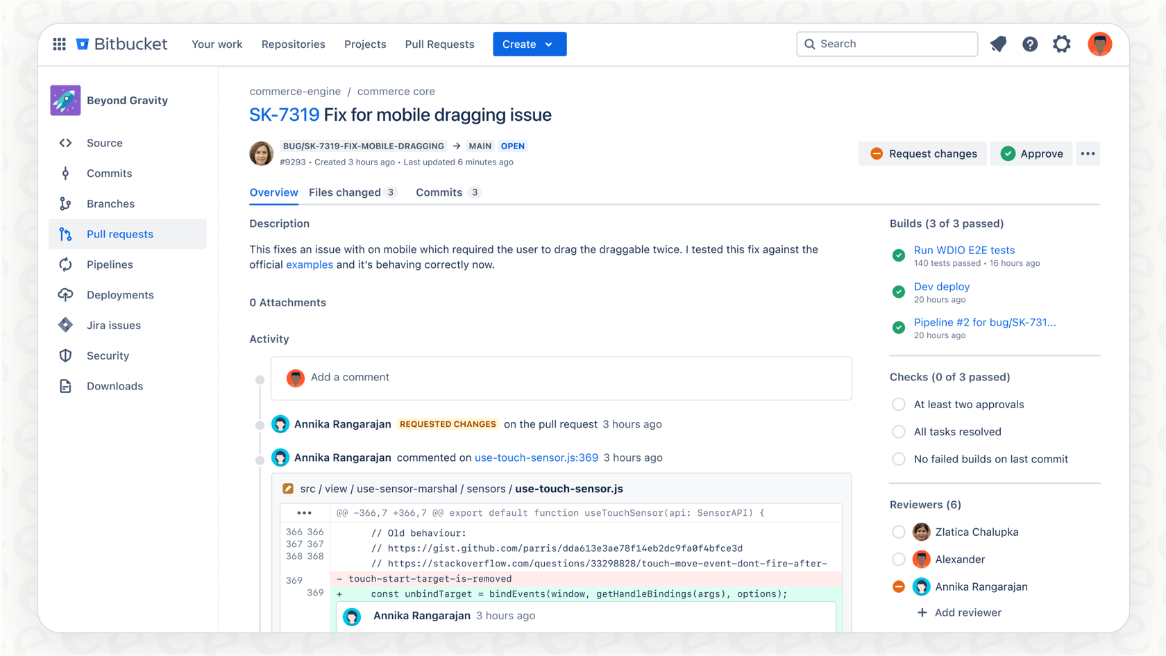 A detailed Bitbucket overview of the code review process within a pull request.