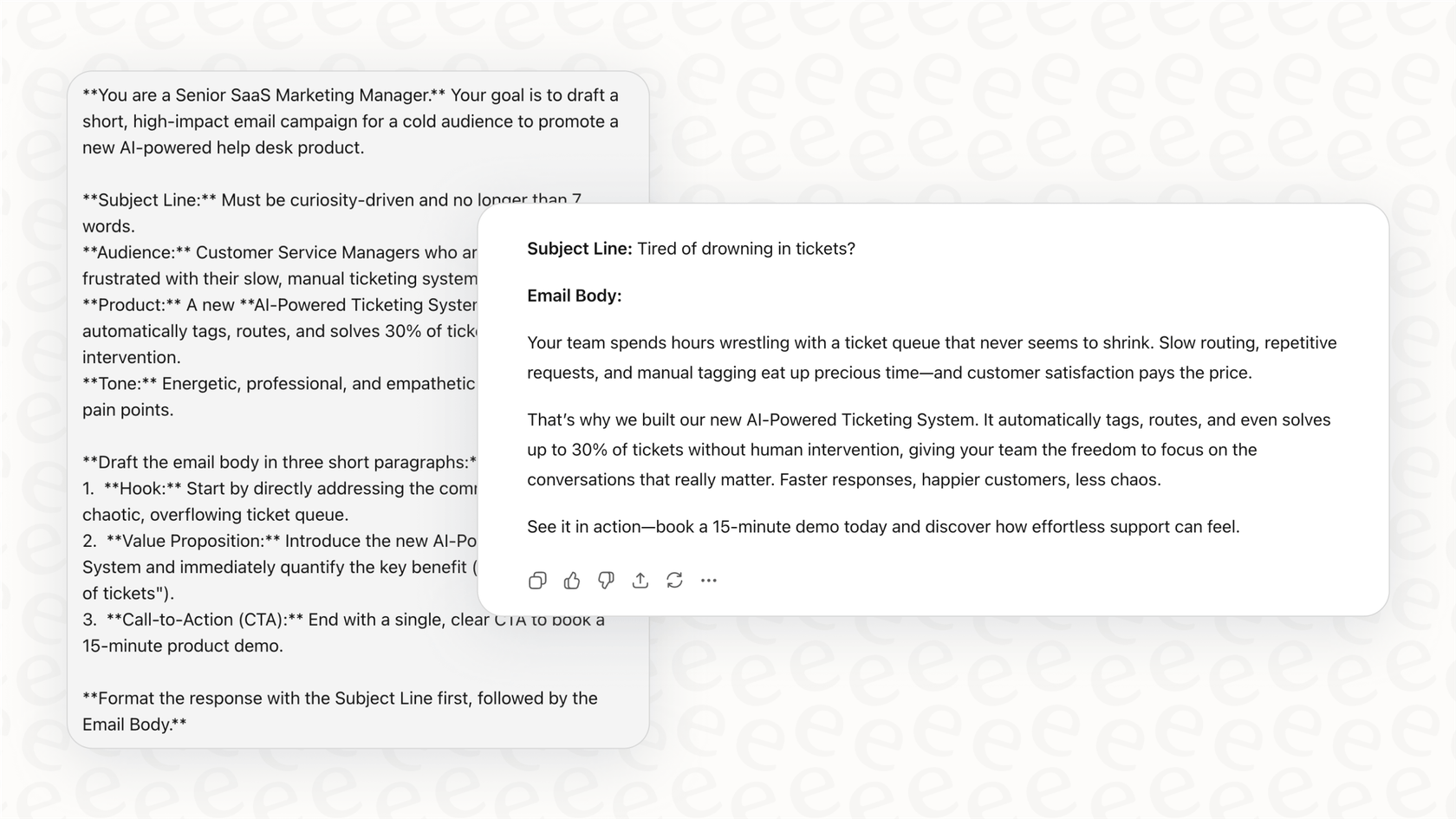 A screenshot providing a ChatGPT overview of its content generation capabilities by showing a drafted marketing email.