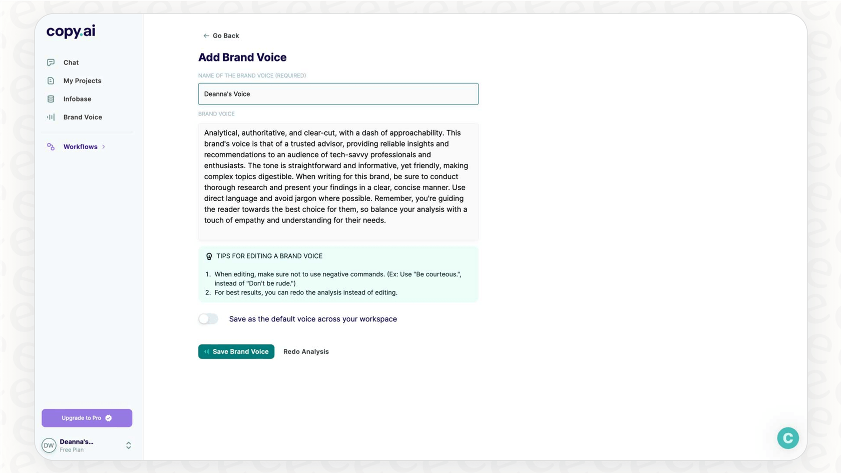 A screenshot for this Copy AI overview of the Brand Voice and Infobase features in action.::Screenshot for a Copy AI overview showing where users can input text to define their Brand Voice and upload documents to the Infobase.